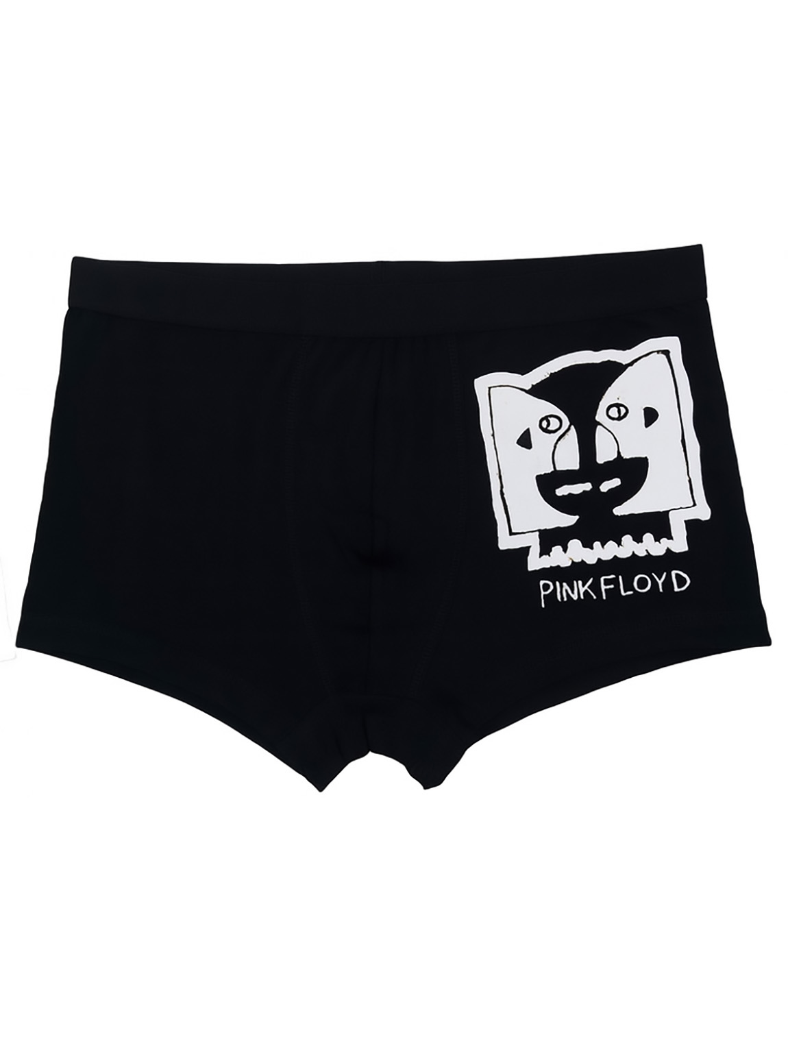Schwarze Boxershorts mit weißem Pink Floyd Logo und Grafik auf der rechten Seite.