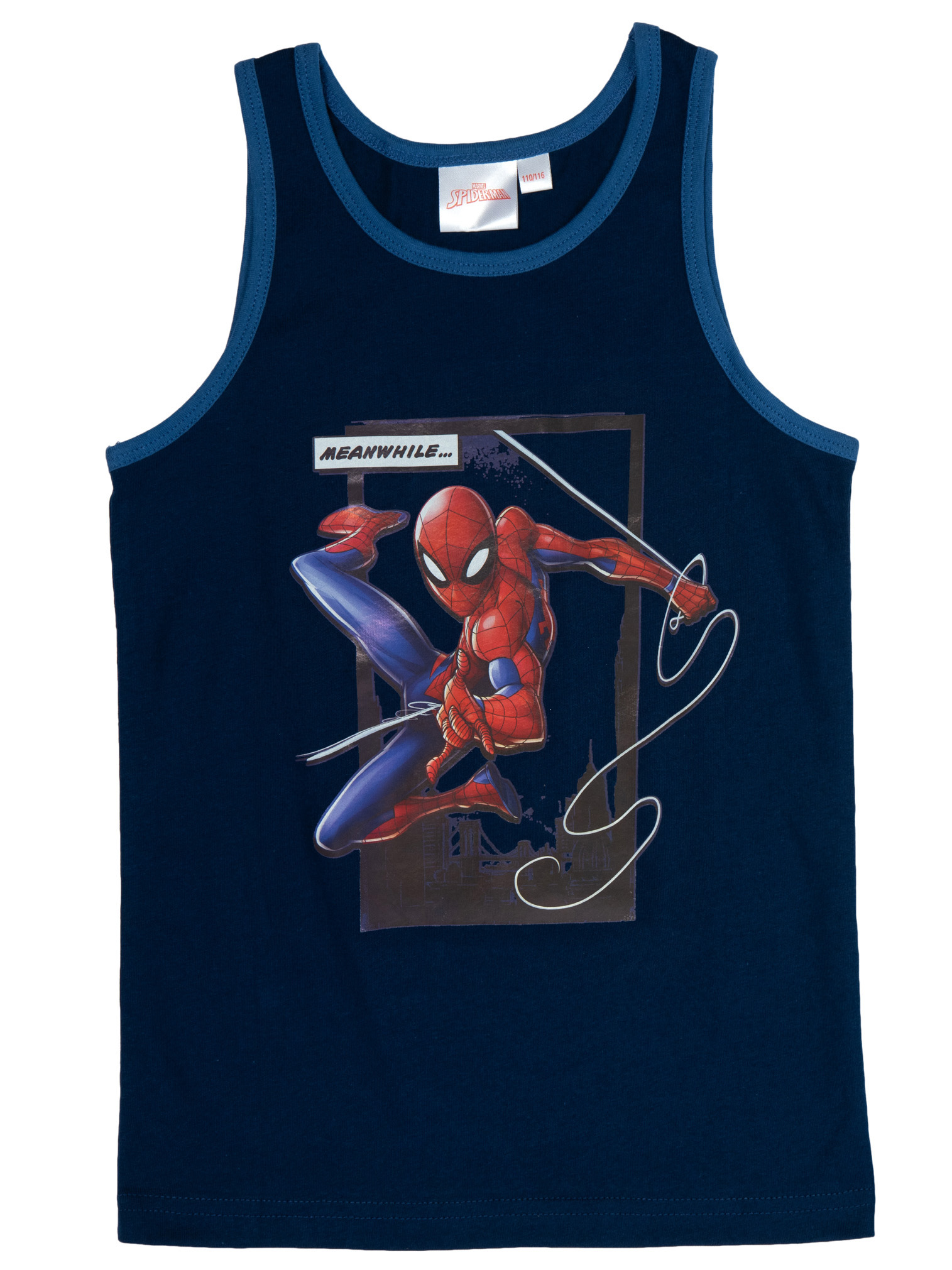 Dunkelblaues Kinder-Unterhemd mit blauem Rand und einem Spider-Man-Druck auf der Vorderseite.