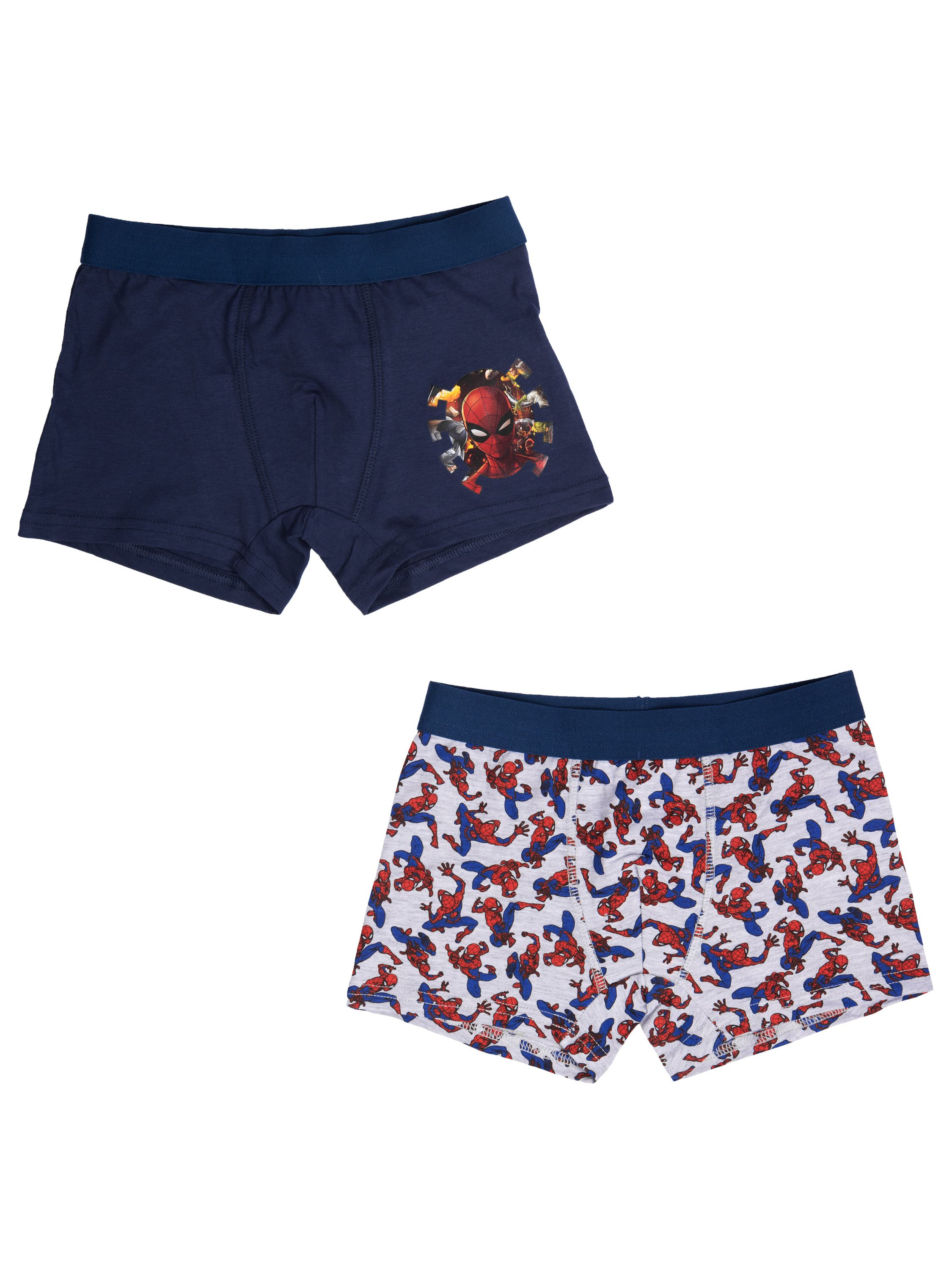 Zwei Paar Jungen-Boxershorts mit Spider-Man-Motiv, eins einfarbig blau, eins grau mit Muster.
