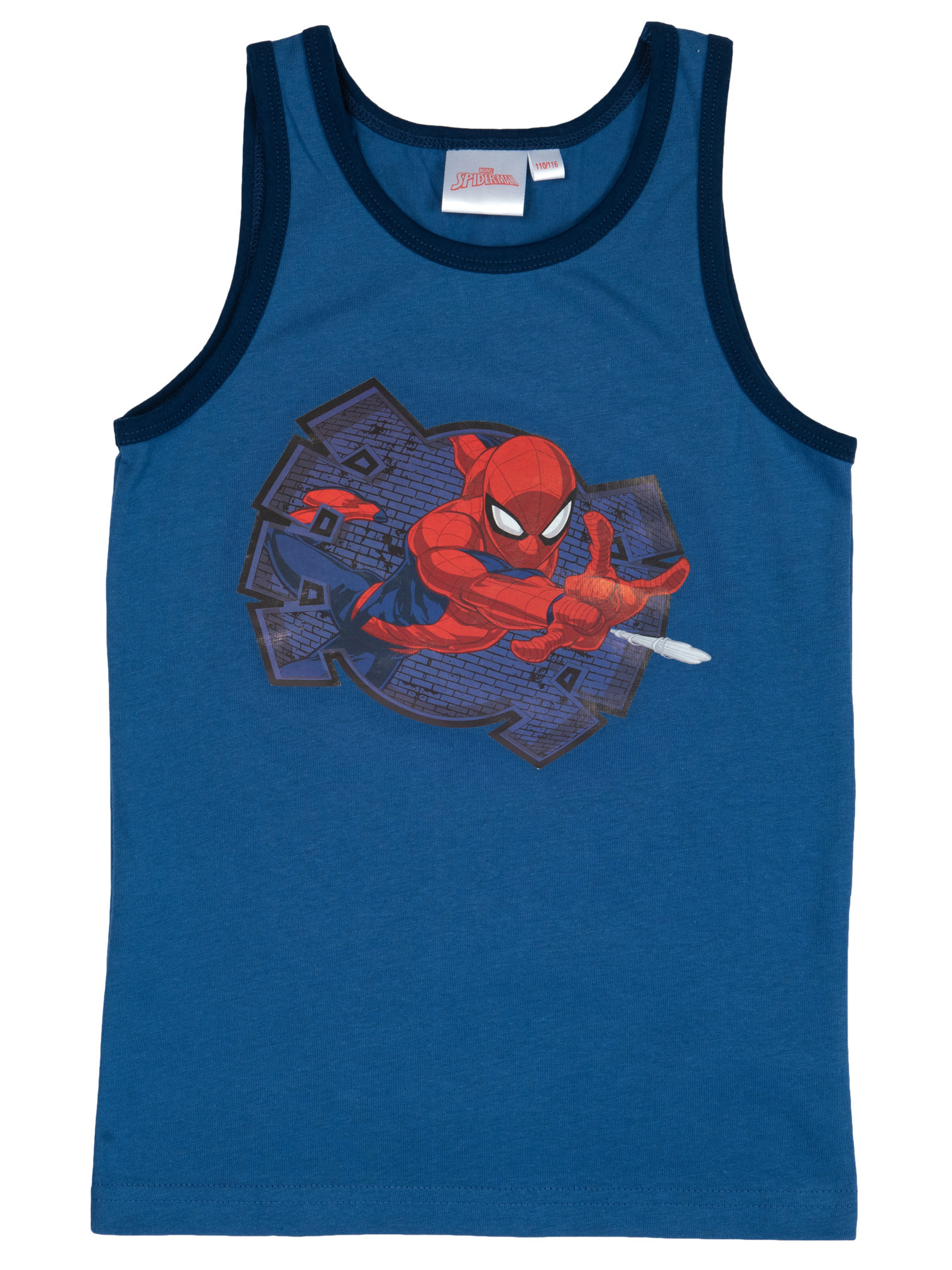 Blaues ärmelloses Kinderhemd mit Spider-Man Grafikdruck.