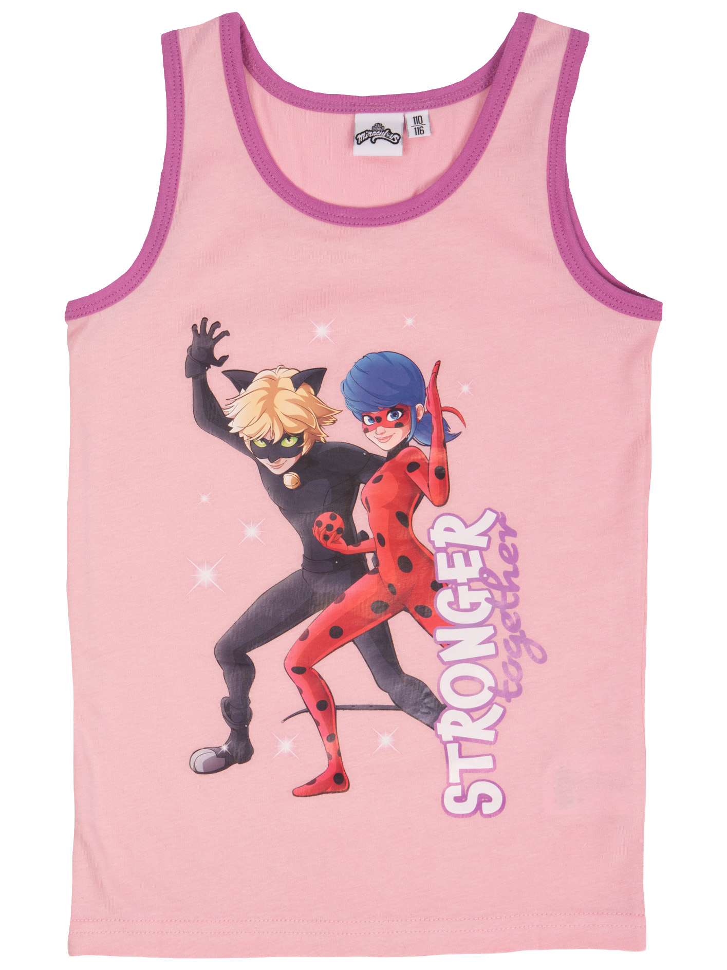 Rosa Unterhemd mit Cat Noir und Ladybug Grafikdruck sowie dem Text STRONGER together.