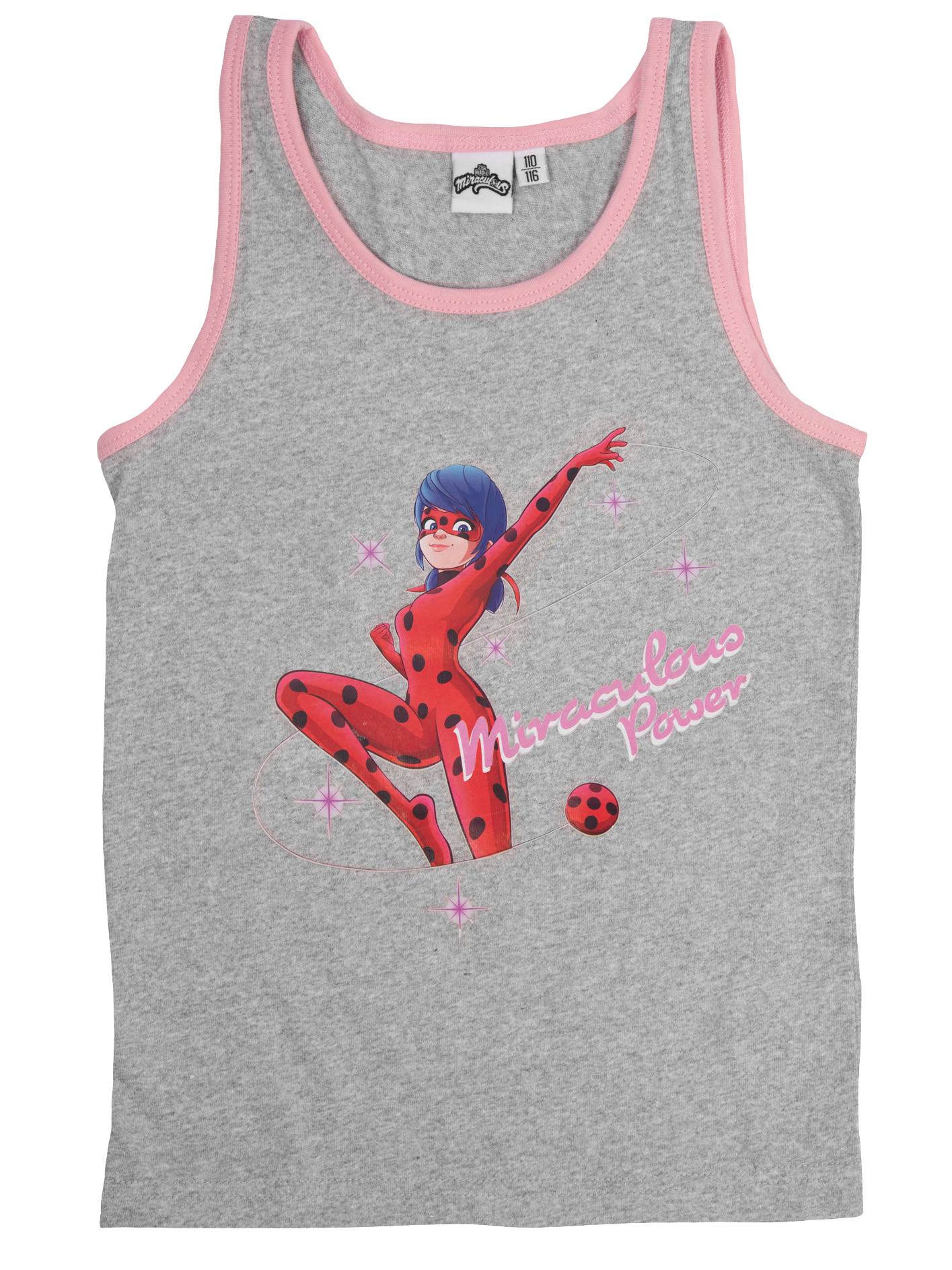 Graues Kindertanktop mit rosa Bündchen und einem Ladybug-Print sowie dem Schriftzug Miraculous Power.