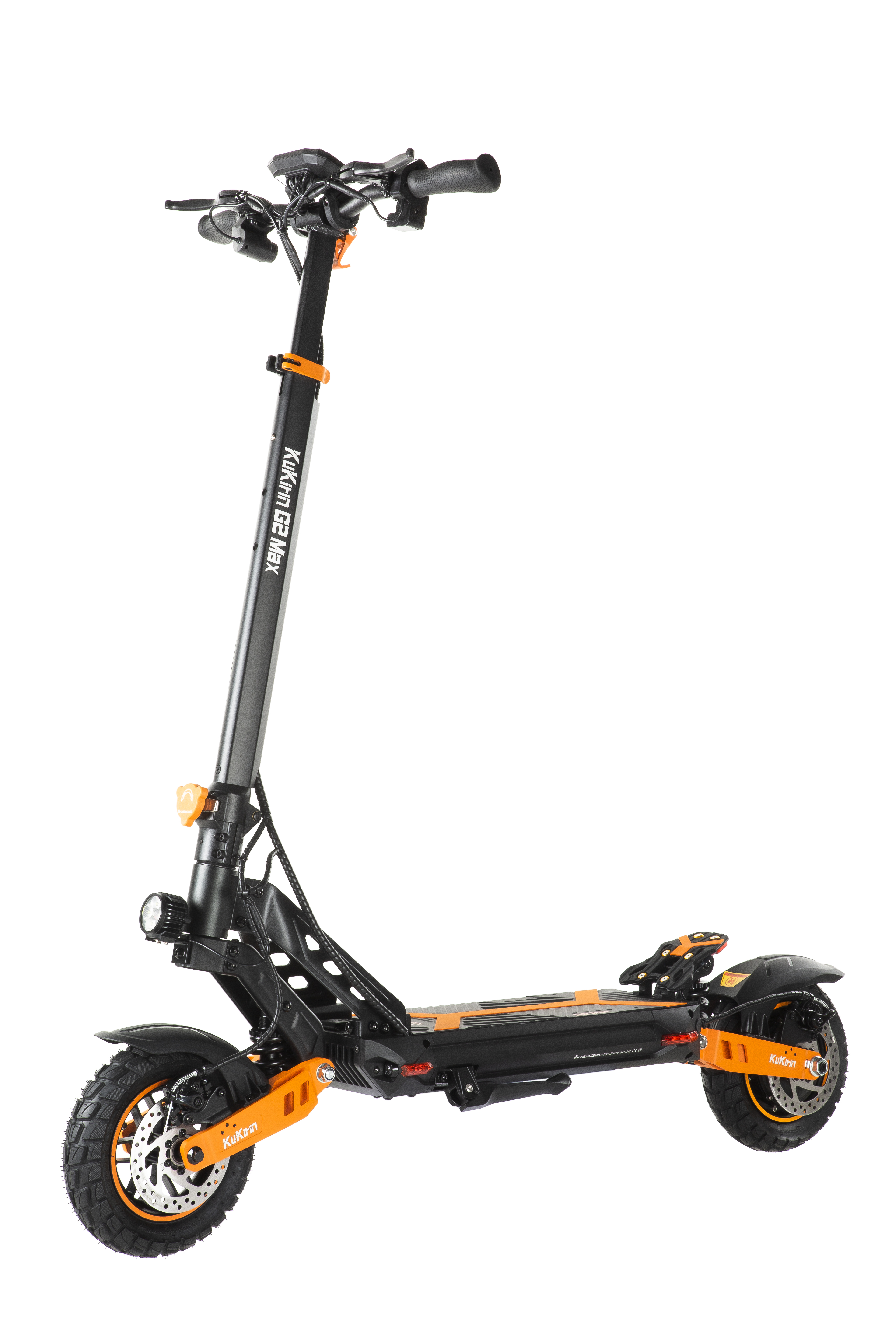 Un monopattino elettrico KuKirin G2 Max nero con dettagli arancioni su sfondo bianco.