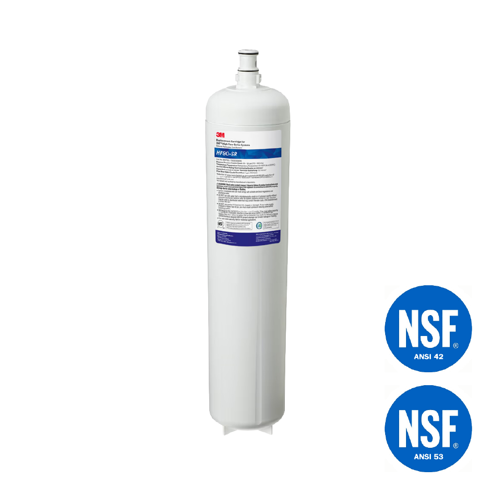 Weißer 3M Wasserfilter mit blauem Etikett und zwei NSF-Zertifizierungssiegeln rechts.