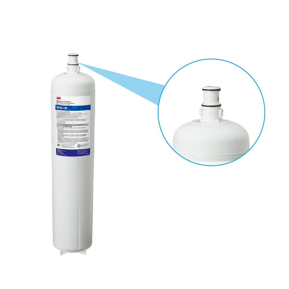 Ein weißer 3M Wasserfilter mit einer Detailansicht des Anschlusses in einem blauen Kreis.