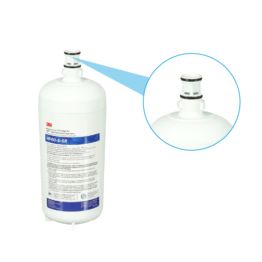 Cartuccia filtro acqua 3M bianca con etichetta blu e vista ingrandita del connettore.