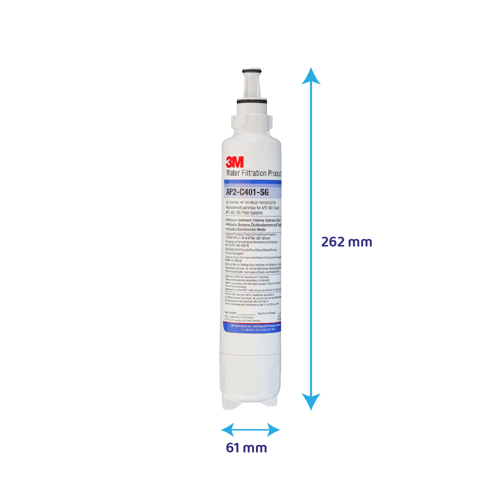 Filtro per acqua 3M AP2-C401-SG con frecce di misurazione blu, alto 262 mm e largo 61 mm.