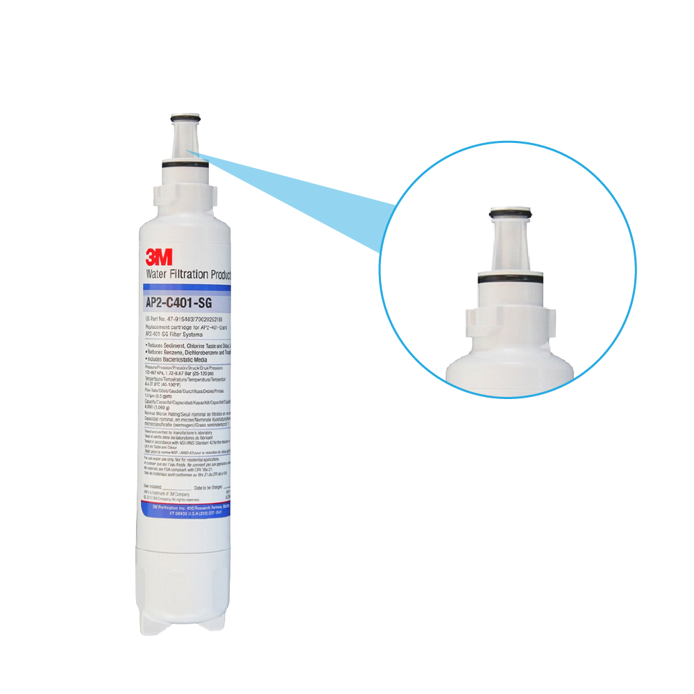 Filtro dell'acqua bianco 3M AP2-C401-SG con testo blu e zoom circolare che evidenzia il connettore superiore.