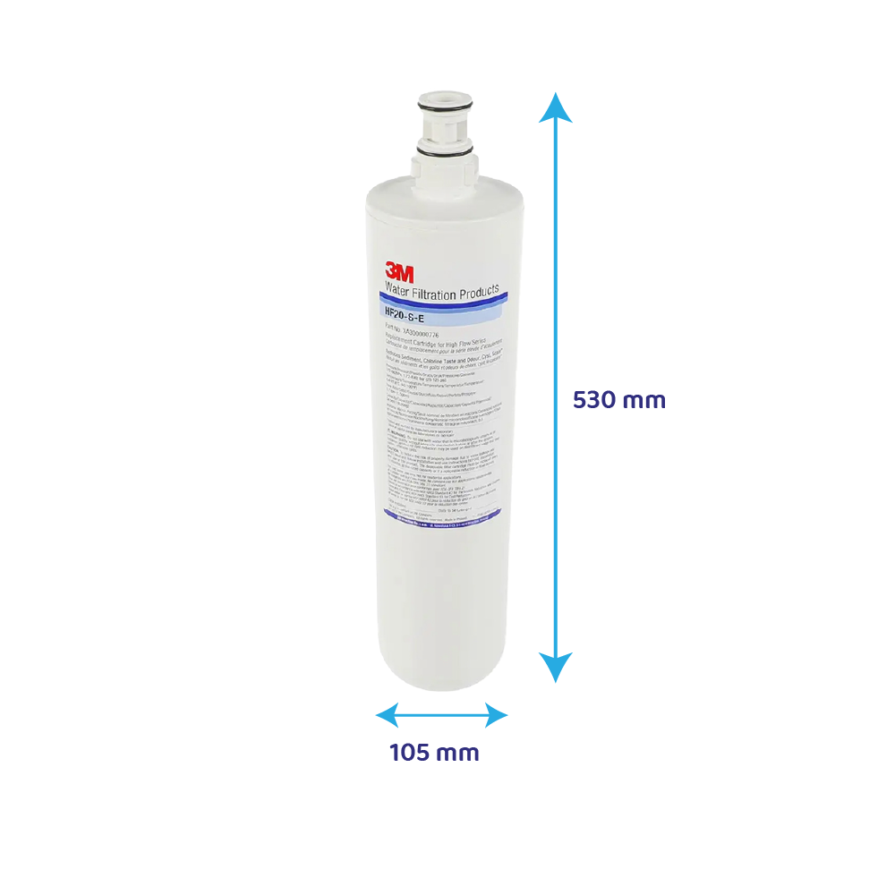 Cartuccia filtro acqua 3M bianca con testo blu, alta 530 mm e larga 105 mm.