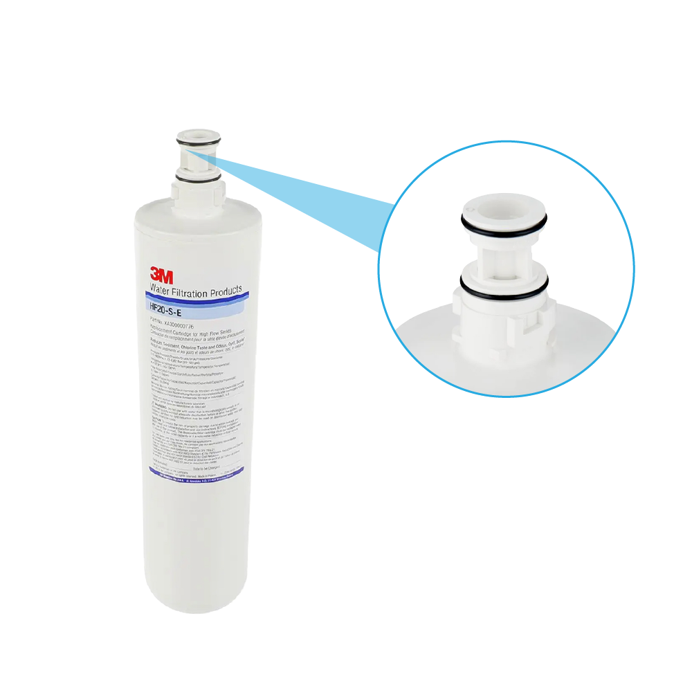 Cartuccia filtro acqua 3M con corpo bianco e vista ingrandita del connettore.