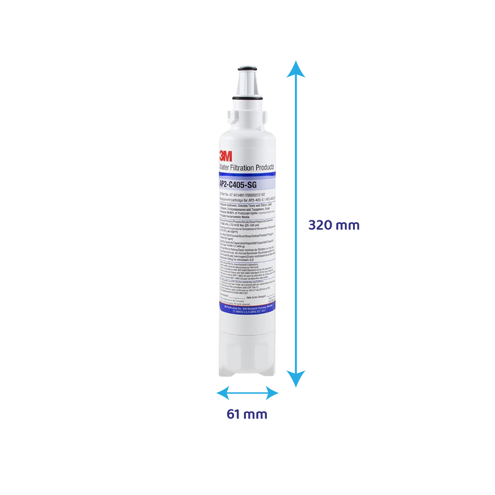 3M AP2-C405-SG Wasserfilterpatrone, weiß, Maße 320 mm Höhe und 61 mm Durchmesser, auf weißem Hintergrund.