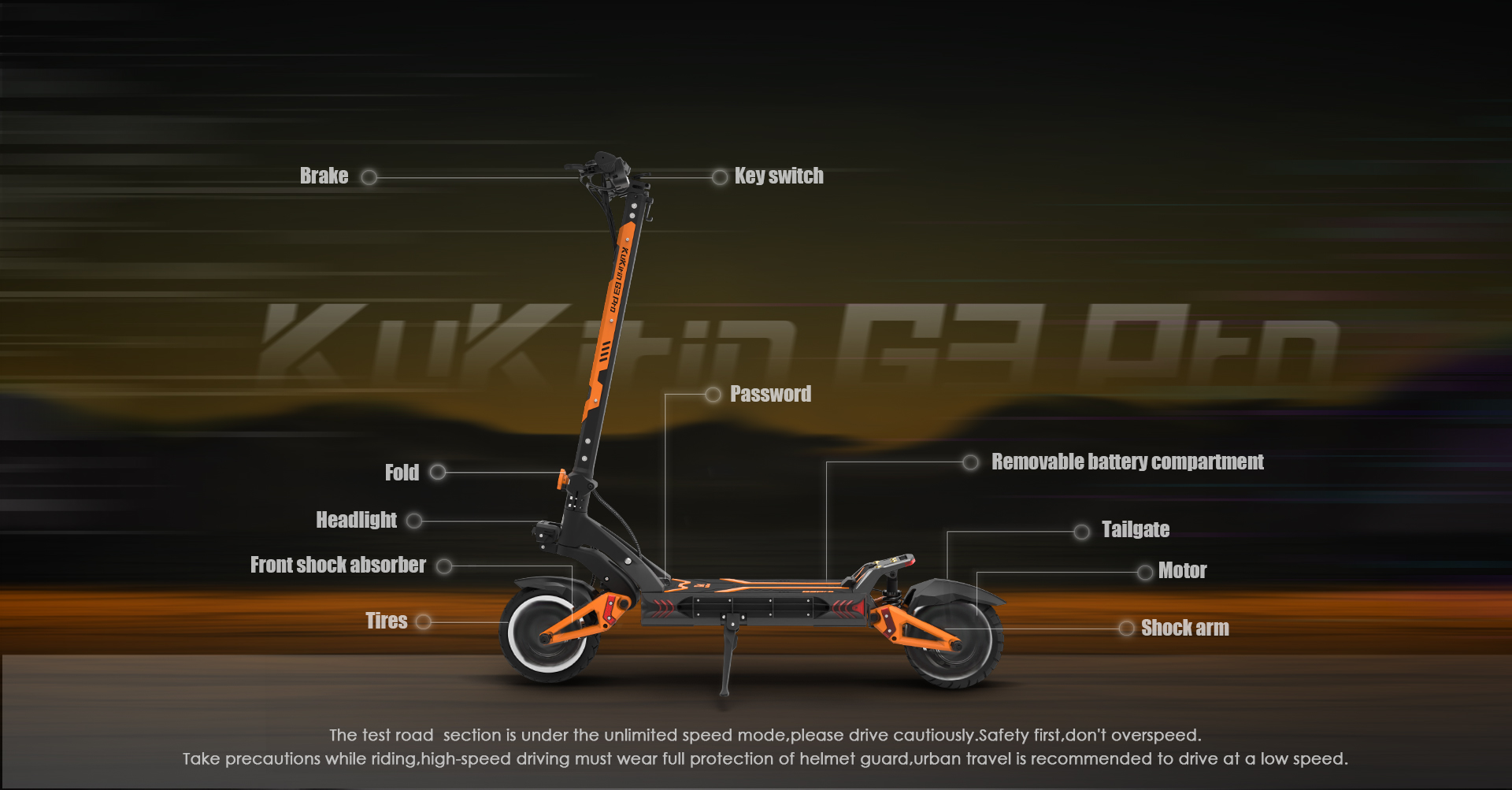 Un monopattino elettrico Kukirin G3 Pro con frecce che indicano le sue parti su sfondo sfocato.