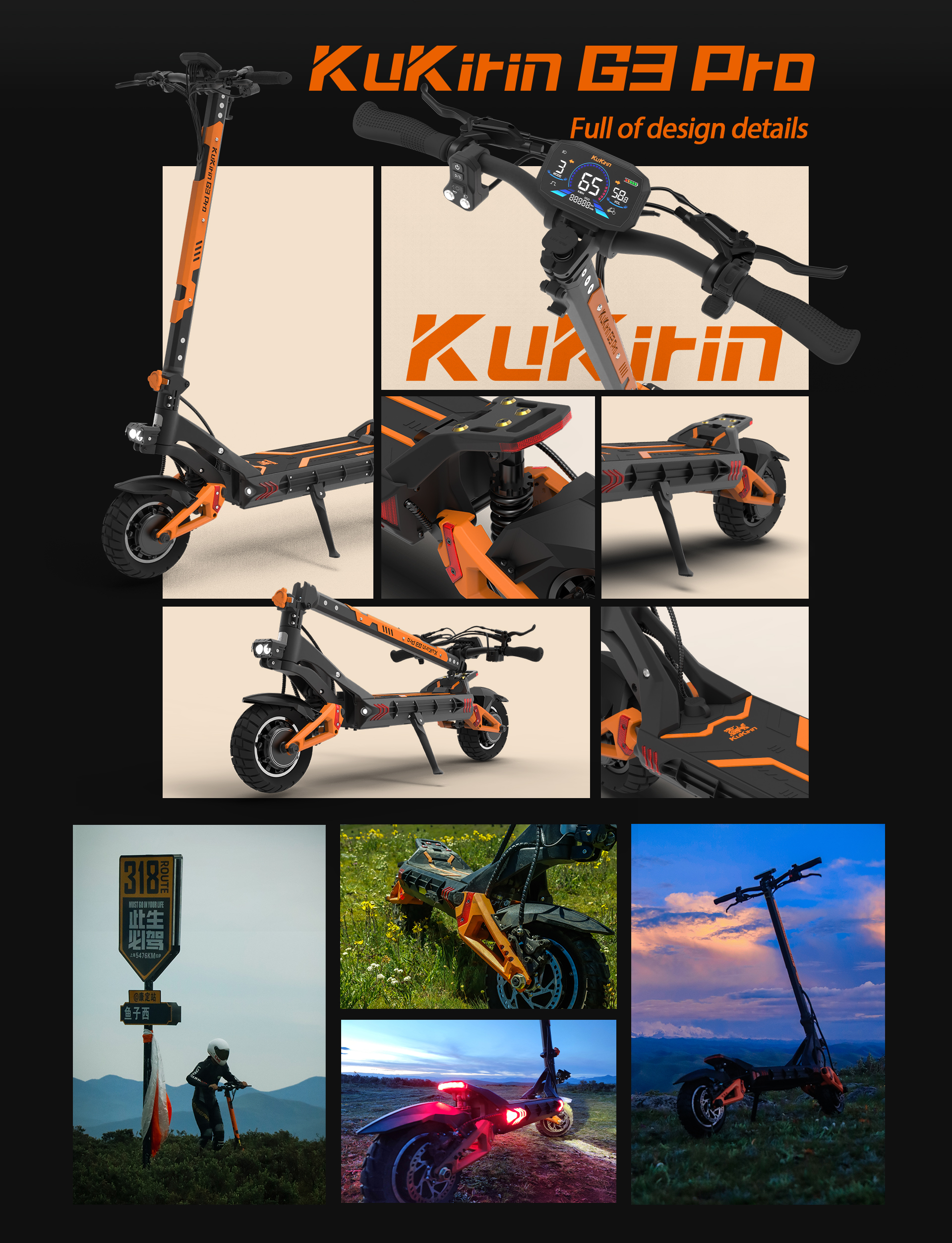 Un poster mostra i dettagli del monopattino elettrico KuKirin G3 Pro, evidenziando parti e scene all'aperto.
