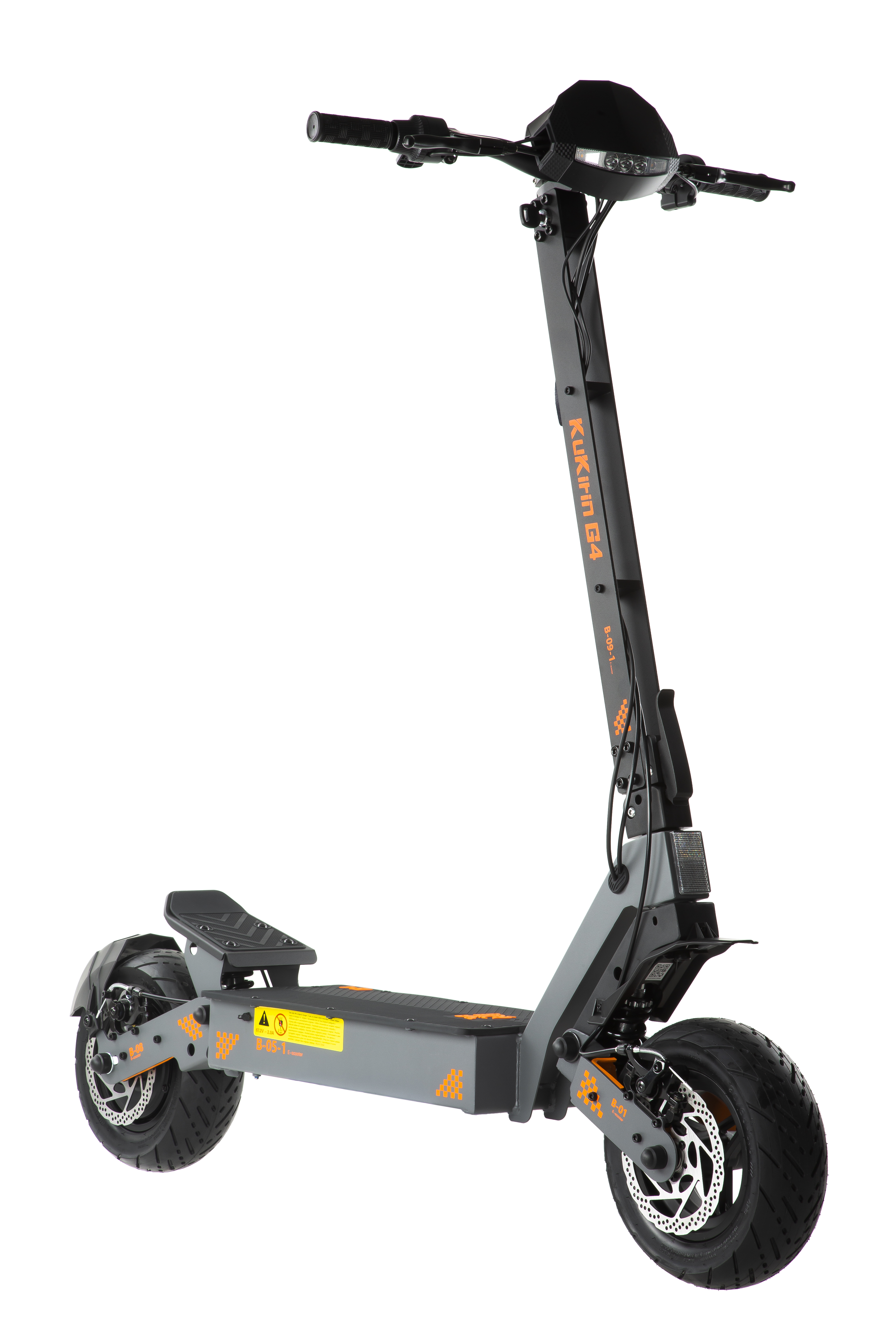 Un monopattino elettrico KuKirin G4 grigio con pneumatici grandi e dettagli arancioni su sfondo bianco.