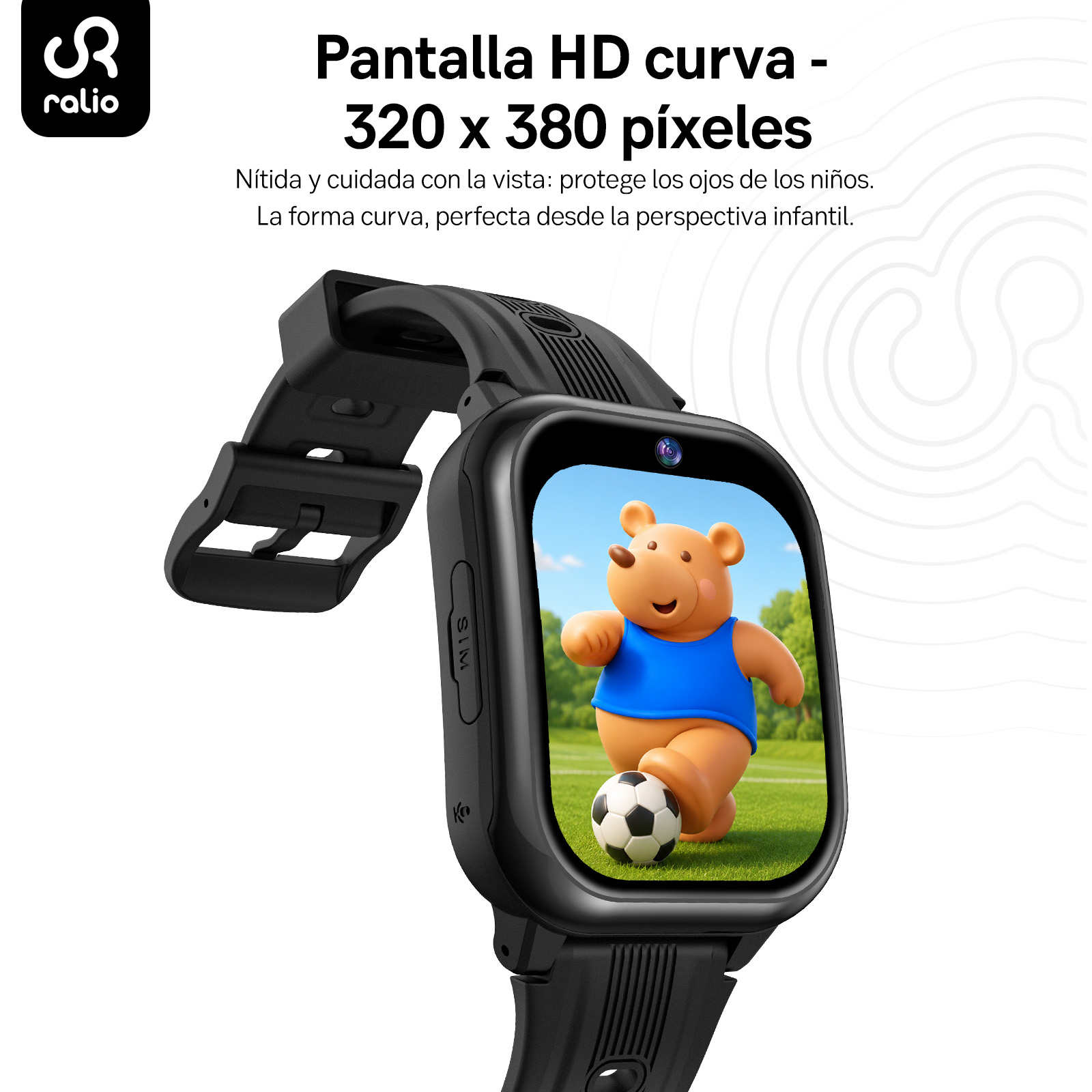 Smartwatch infantil negro con pantalla HD curva y fondo de oso.