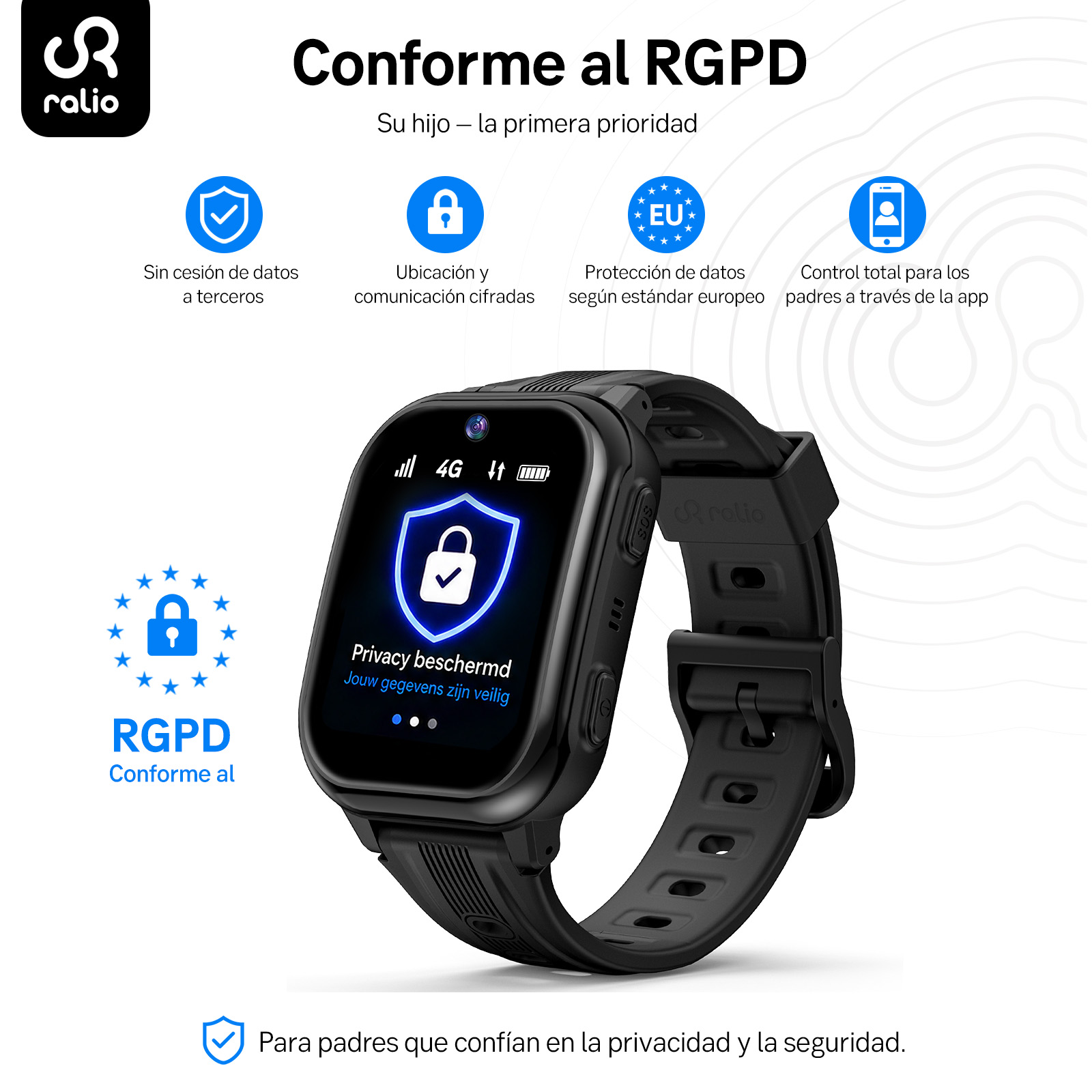 Reloj inteligente negro para niños con cumplimiento RGPD, iconos y textos en blanco.