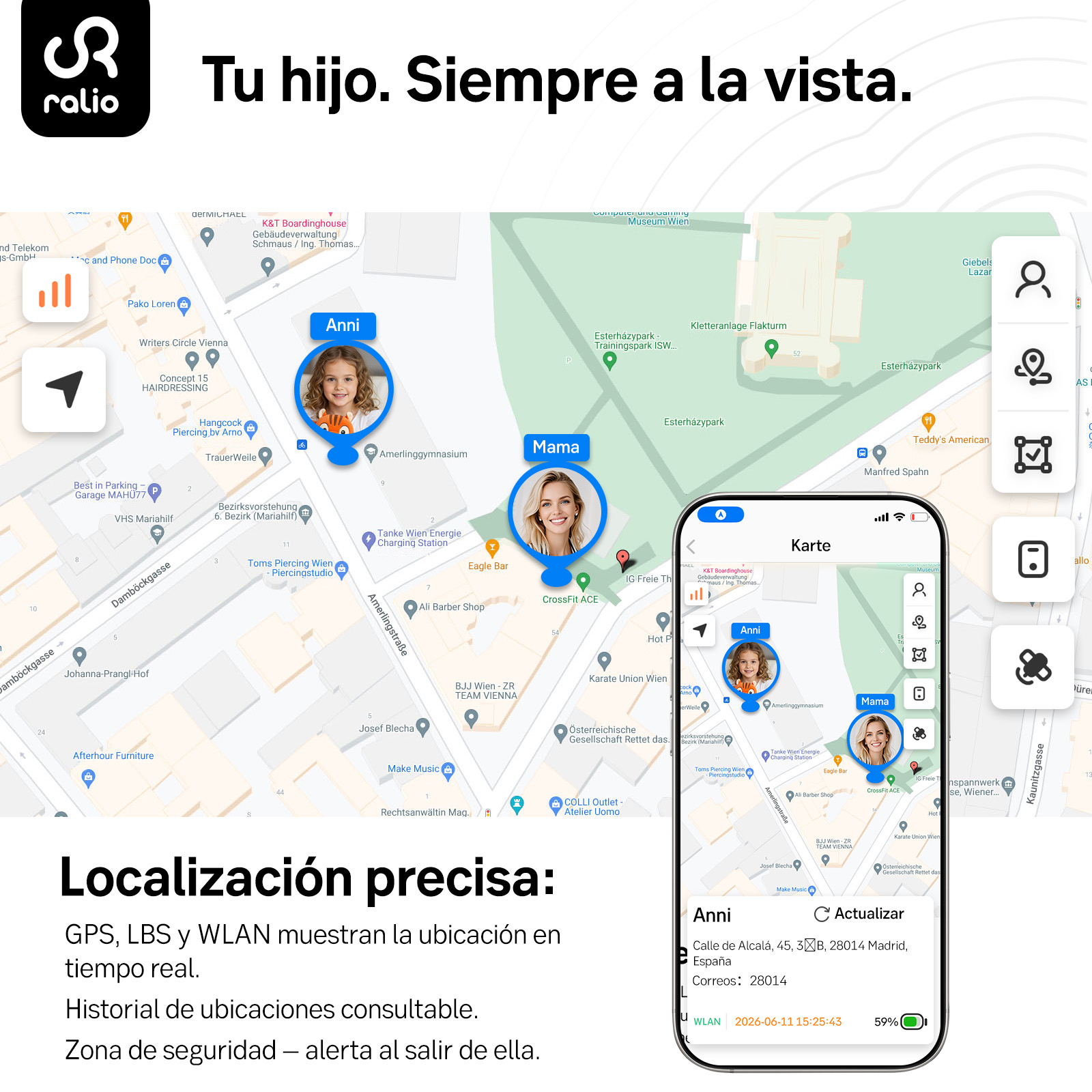 Un mapa GPS muestra ubicaciones en tiempo real de personas, con vista de teléfono y texto.