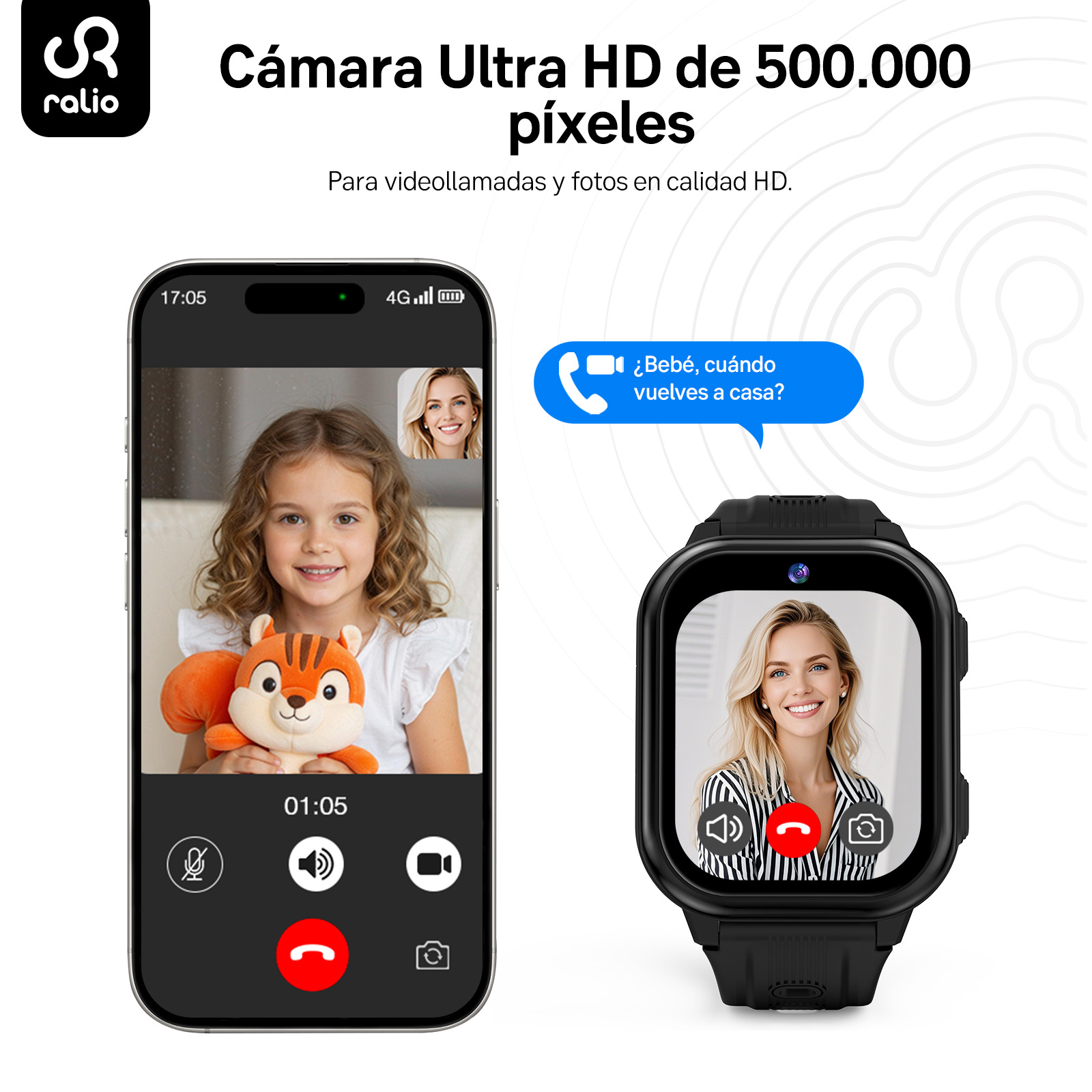 Imagen promocional muestra smartphone y smartwatch en videollamada con mujer y niña.