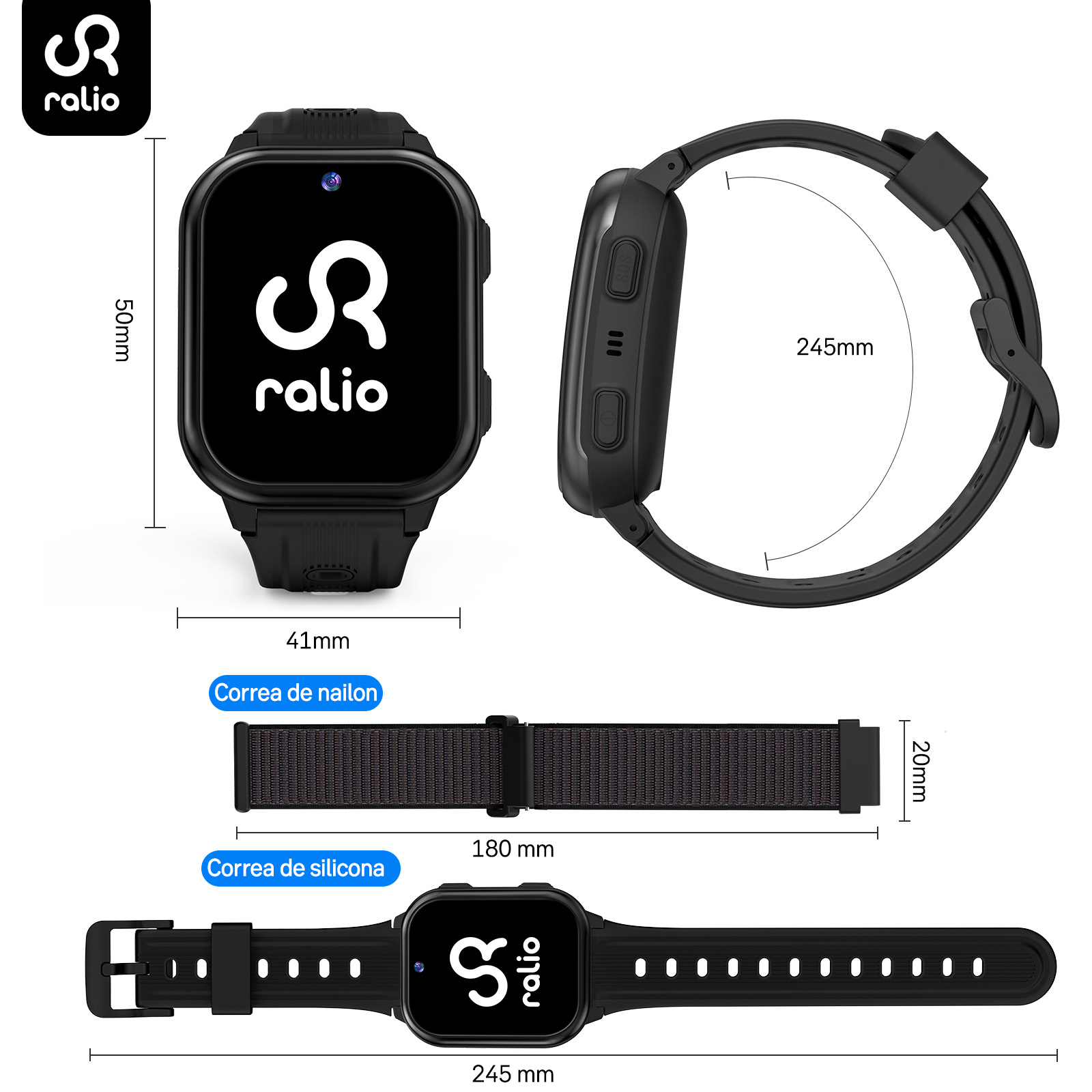 Dibujo técnico de un reloj inteligente Ralio negro con medidas y dos opciones de correa.