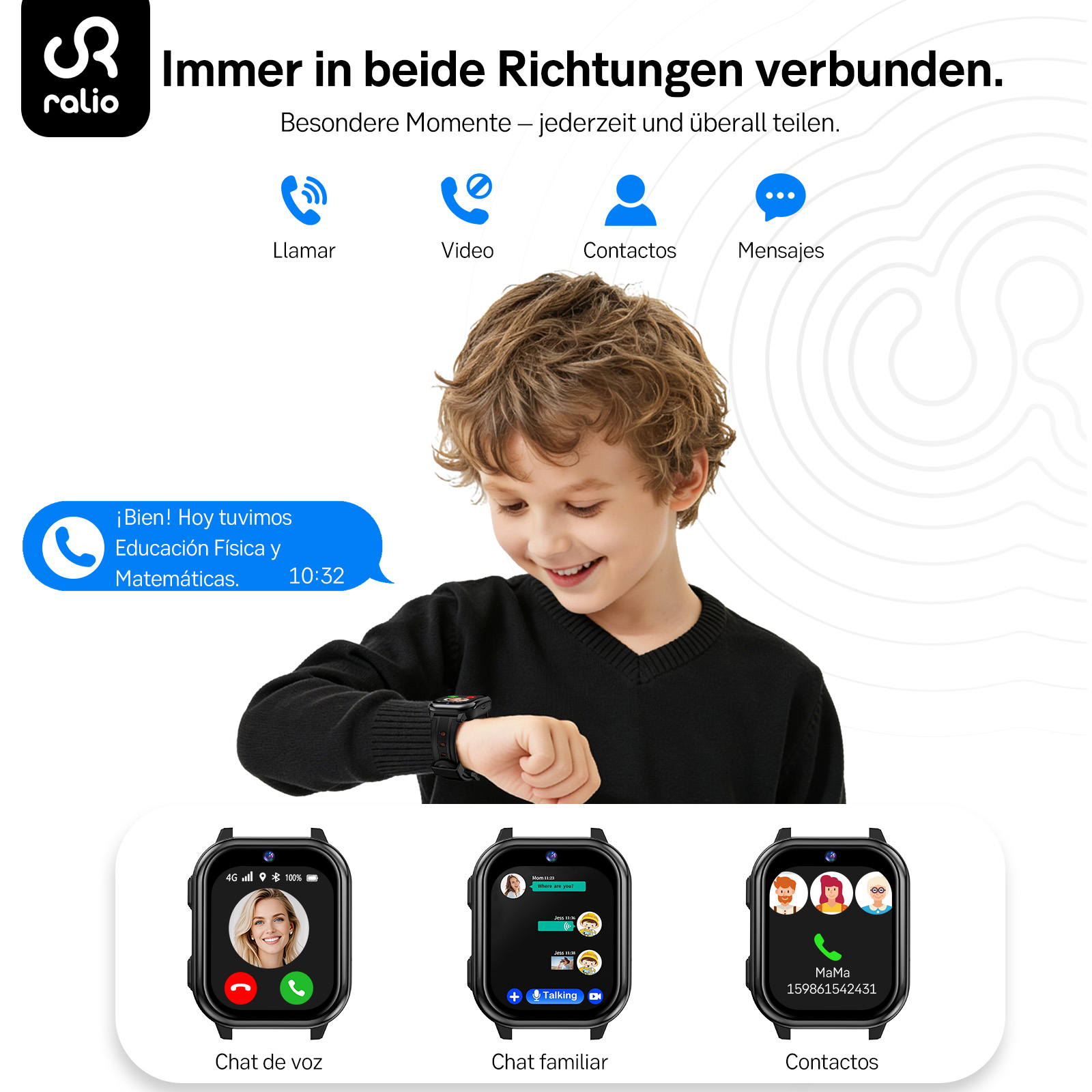 Un niño sonriente con suéter negro mira su smartwatch, rodeado de iconos de comunicación.