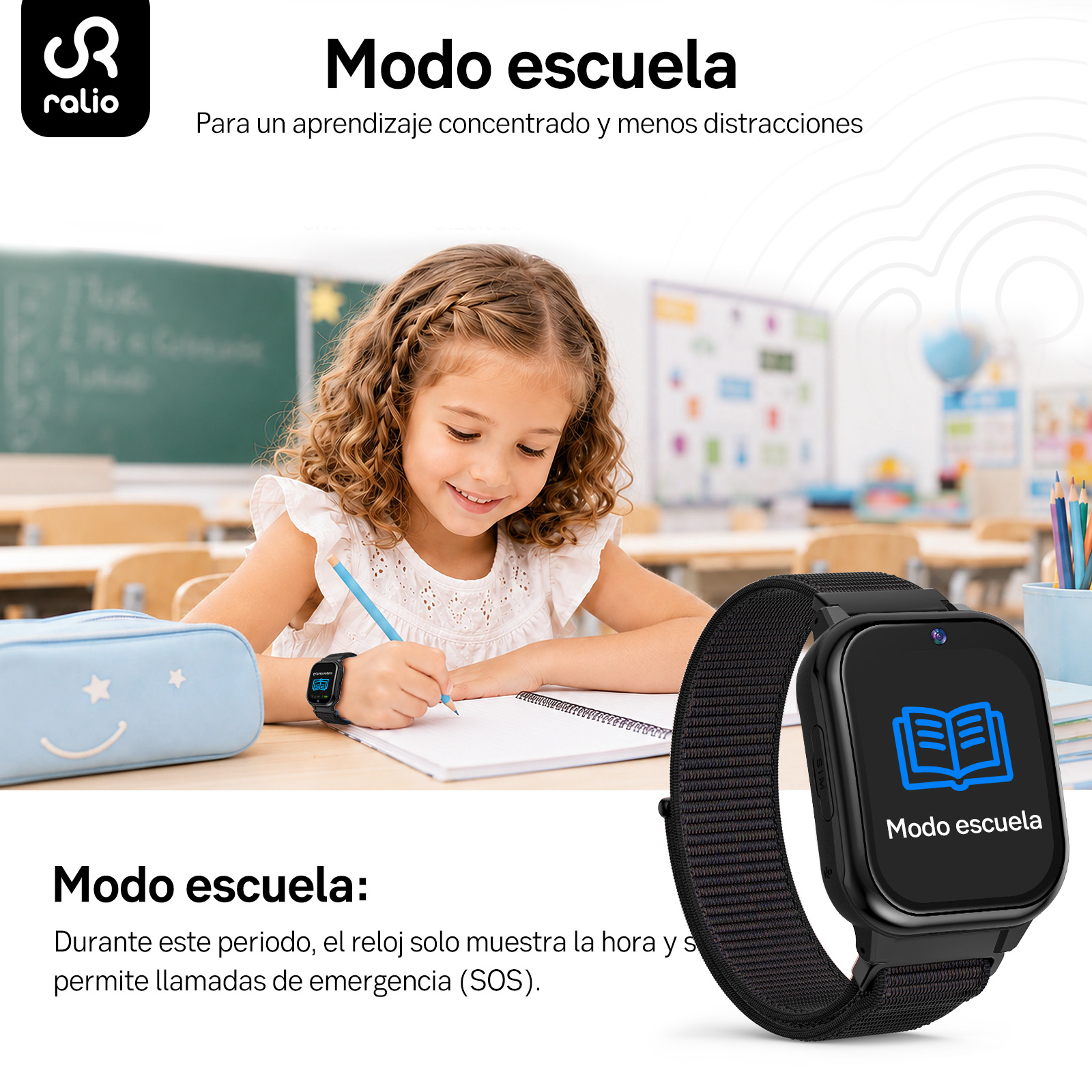 Una niña sonriente escribe en un cuaderno en clase, con un reloj inteligente en modo escuela en primer plano.