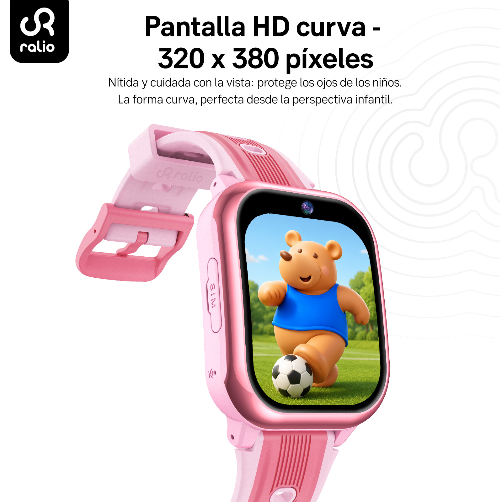 Reloj inteligente rosa para niños con pantalla HD curva que muestra un oso jugando al fútbol.