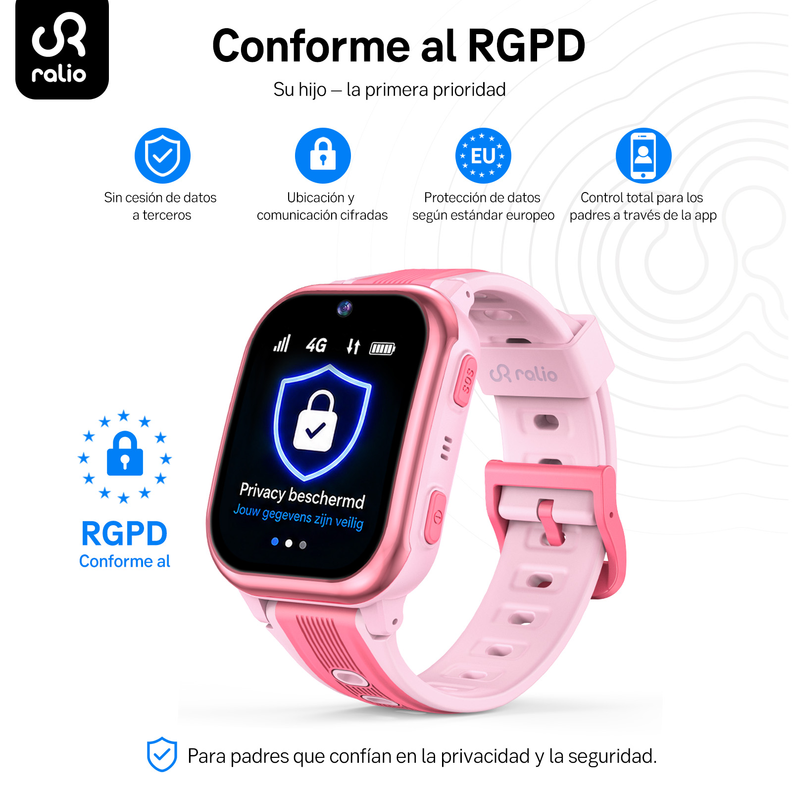 Reloj inteligente rosa para niños con icono de escudo de seguridad y características de RGPD.