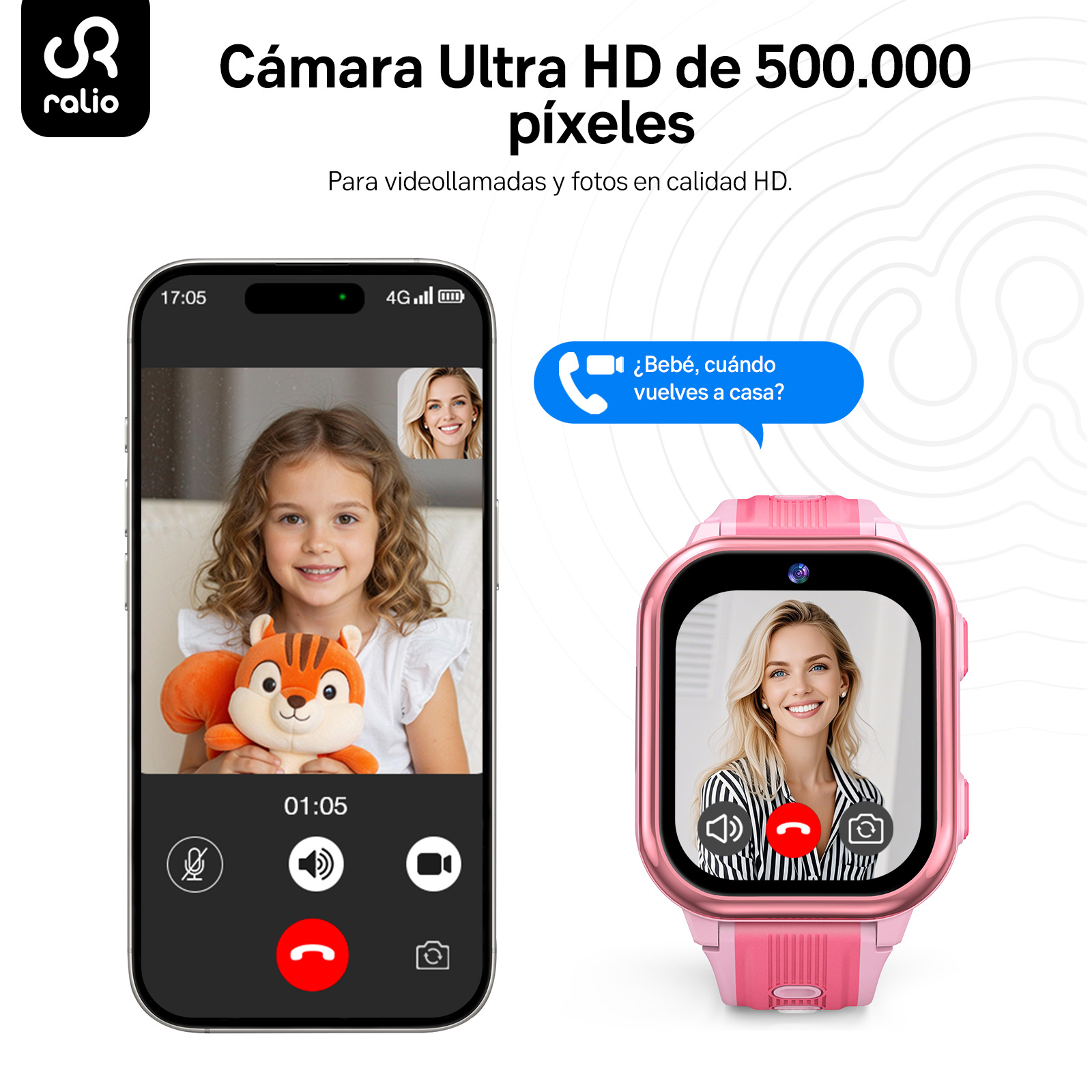 Un reloj inteligente rosa y un smartphone mostrando una videollamada con una niña.
