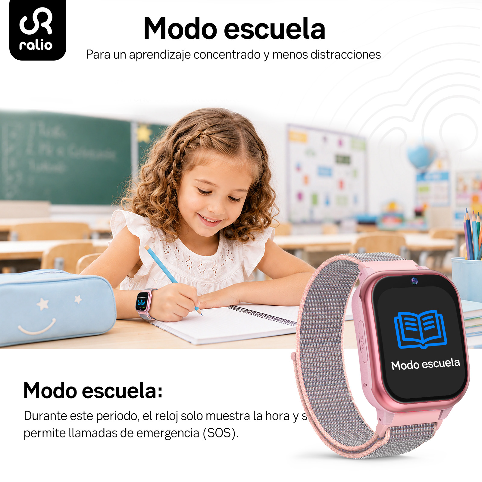 Una niña escribe en clase, con un smartwatch rosa mostrando el modo escuela en primer plano.