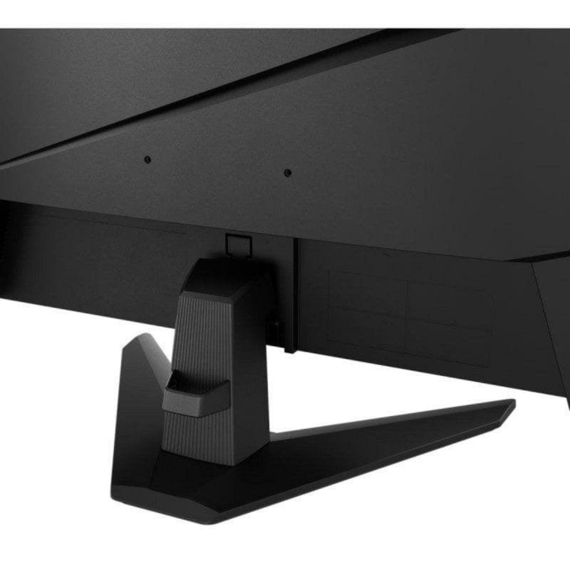 Vista posteriore di un monitor nero con supporto su sfondo bianco.