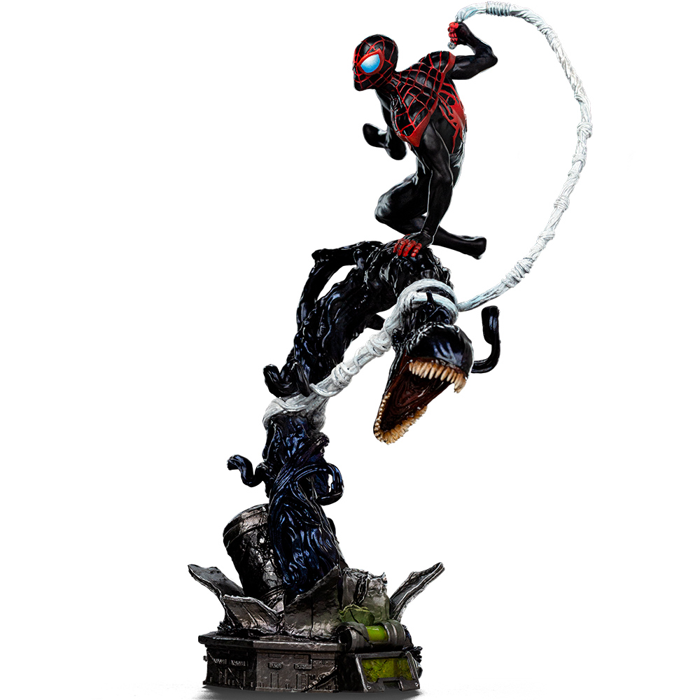Eine Spider-Man-Figur kämpft auf einer grauen Basis gegen eine schwarze Venom-Kreatur mit Spinnennetz.