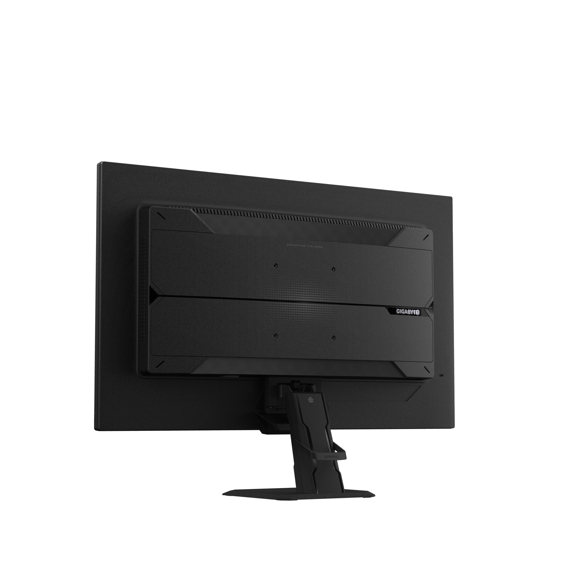 Vista trasera de un monitor gaming negro Gigabyte con soporte sobre fondo blanco.