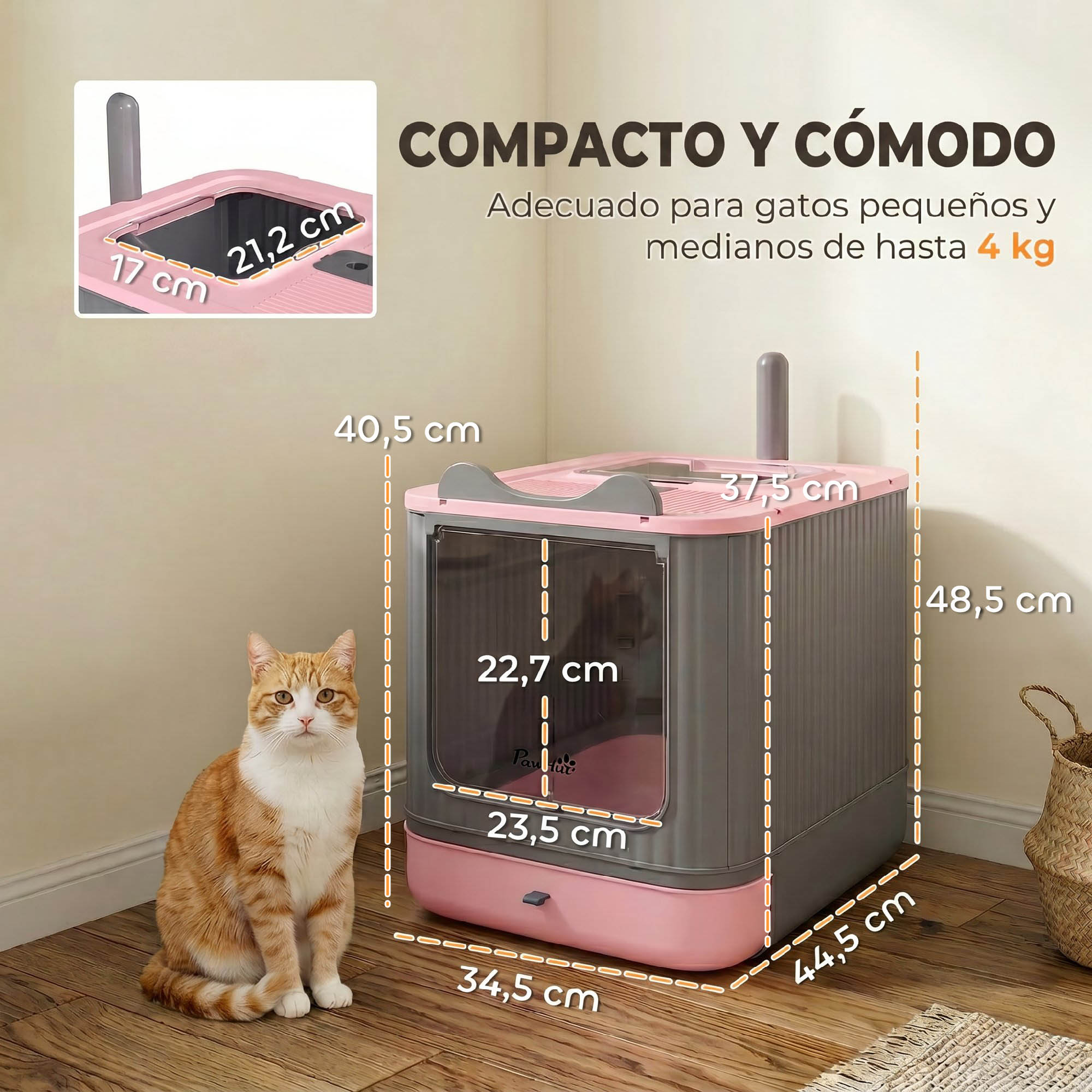Un arenero para gatos gris y rosa con medidas en suelo de madera, al lado de un gato naranja y blanco.
