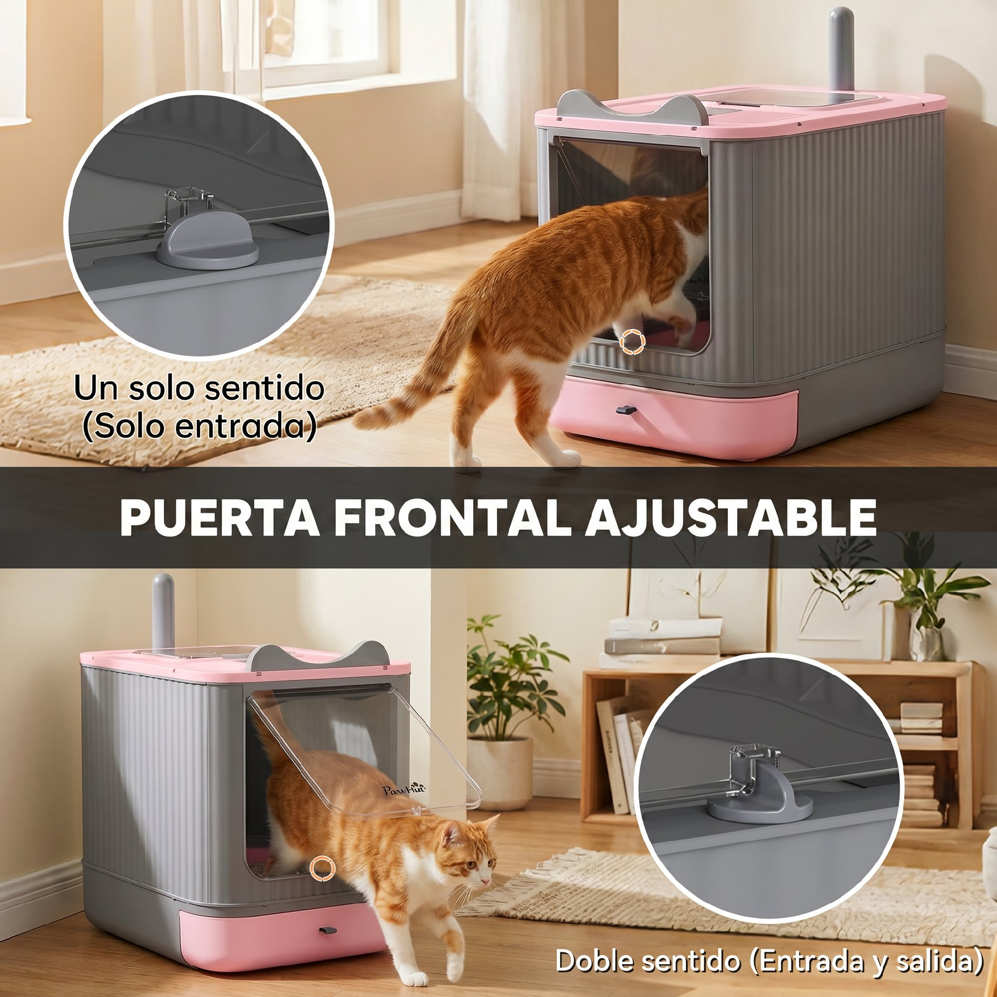 Un gato naranja y blanco entra y sale de un arenero gris y rosa con puerta ajustable.