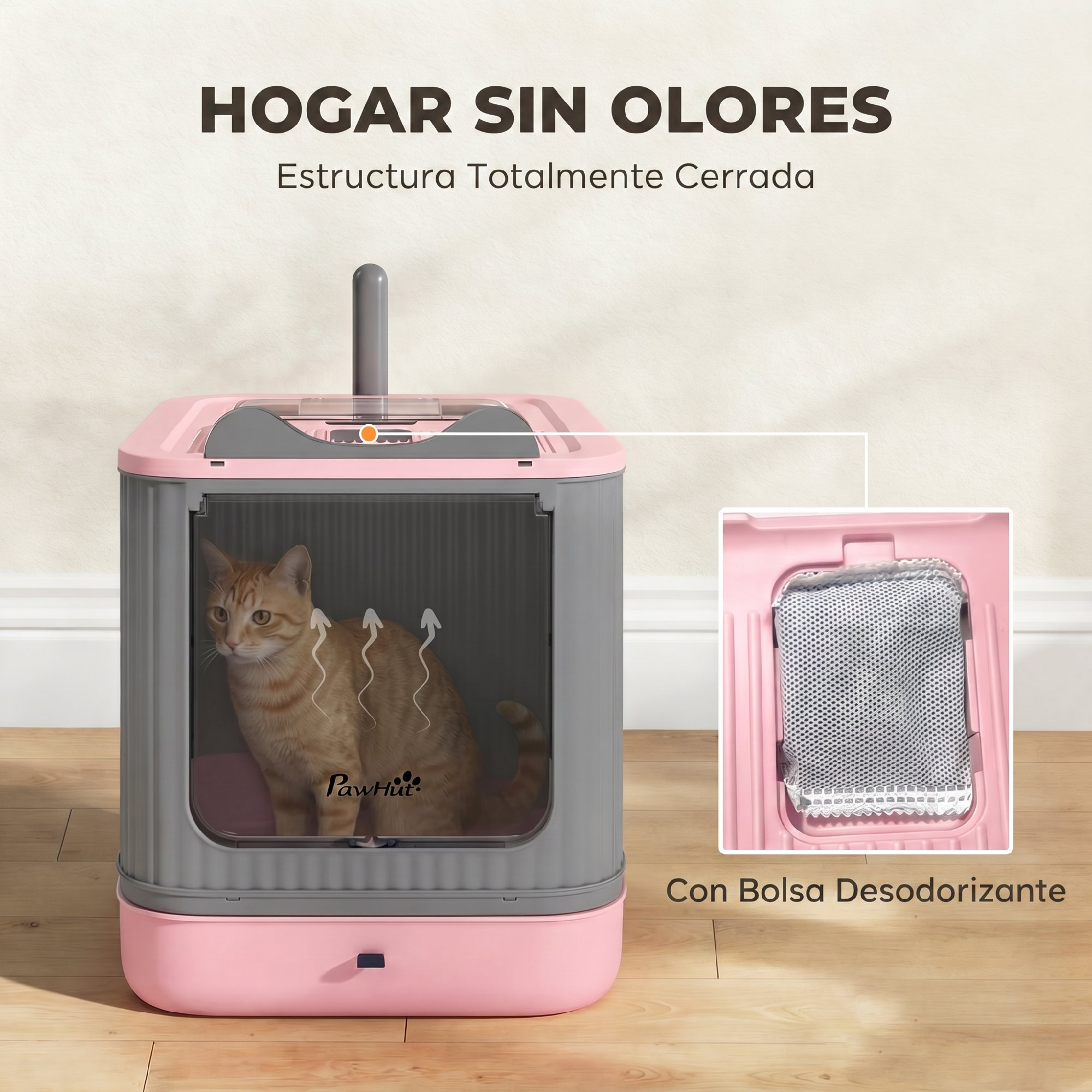 Un arenero para gatos cerrado, rosa y gris, con un gato dentro y bolsa desodorizante.