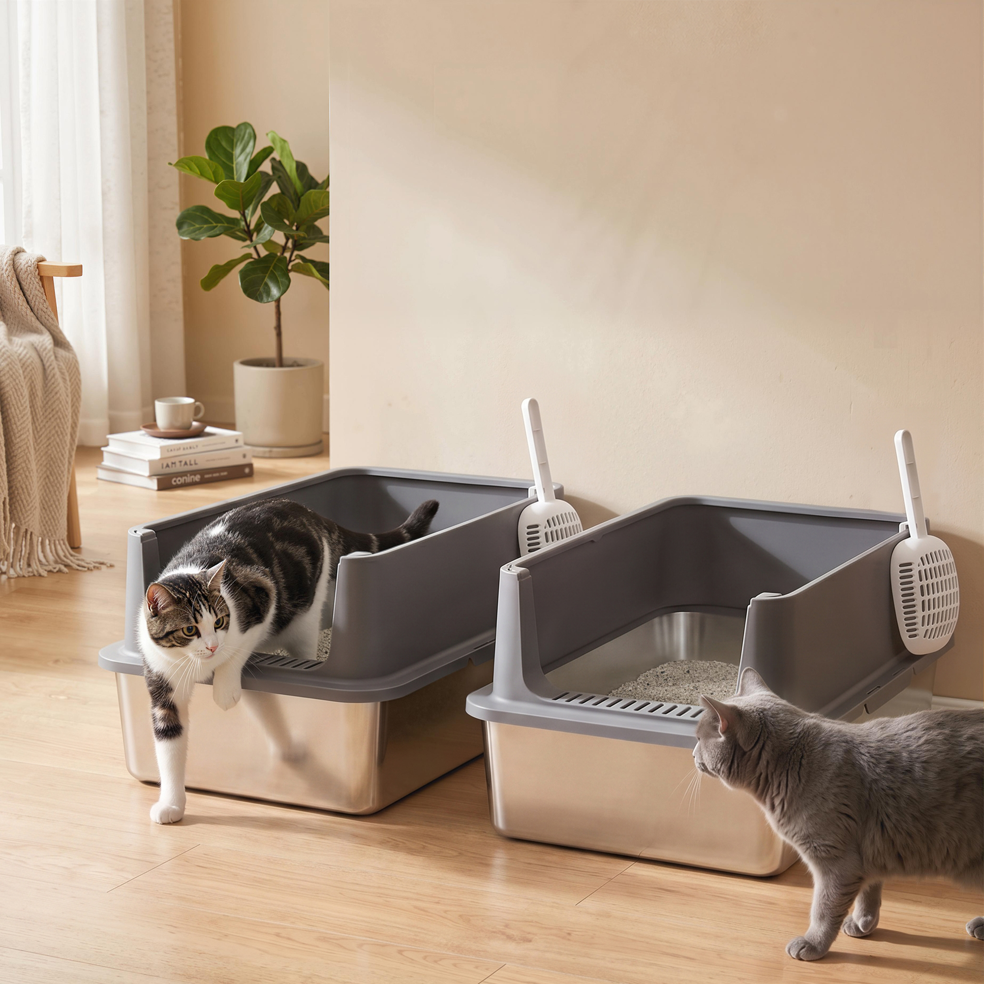Dos gatos y dos areneros de acero inoxidable gris en suelo de madera.