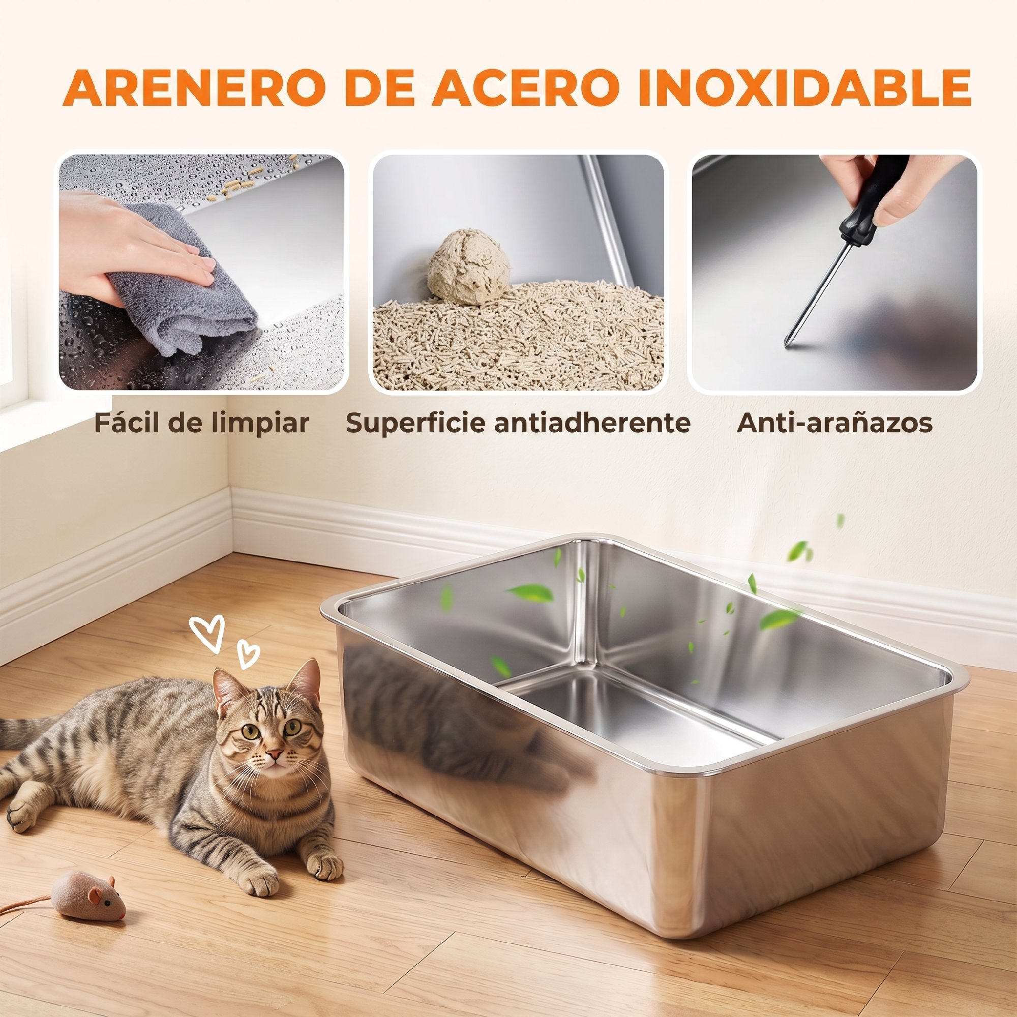 Arenero de acero inoxidable con tres imágenes que muestran limpieza, superficie antiadherente y antiarañazos.