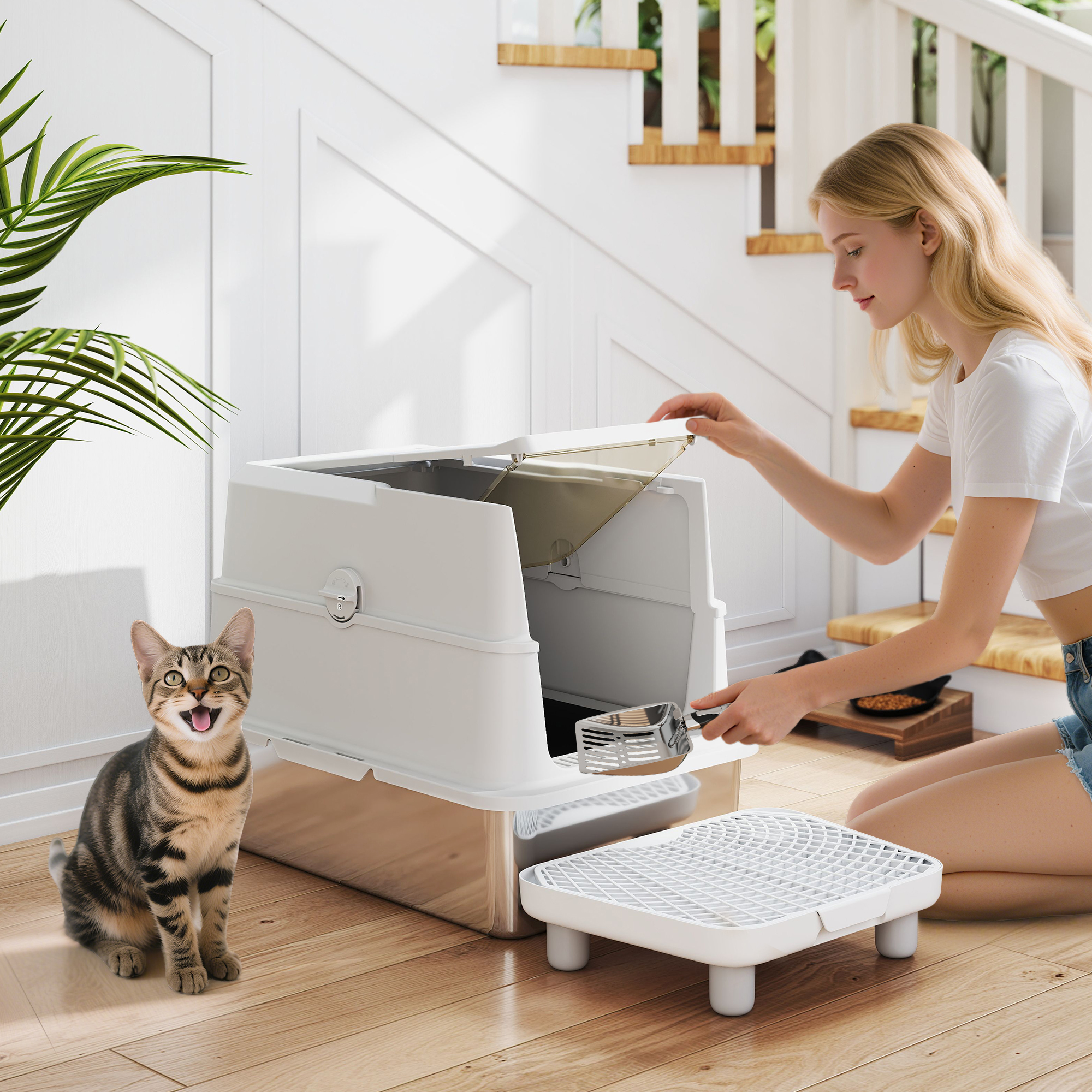 Una mujer rubia se arrodilla junto a una caja de arena blanca para gatos mientras un gato atigrado se sienta feliz.