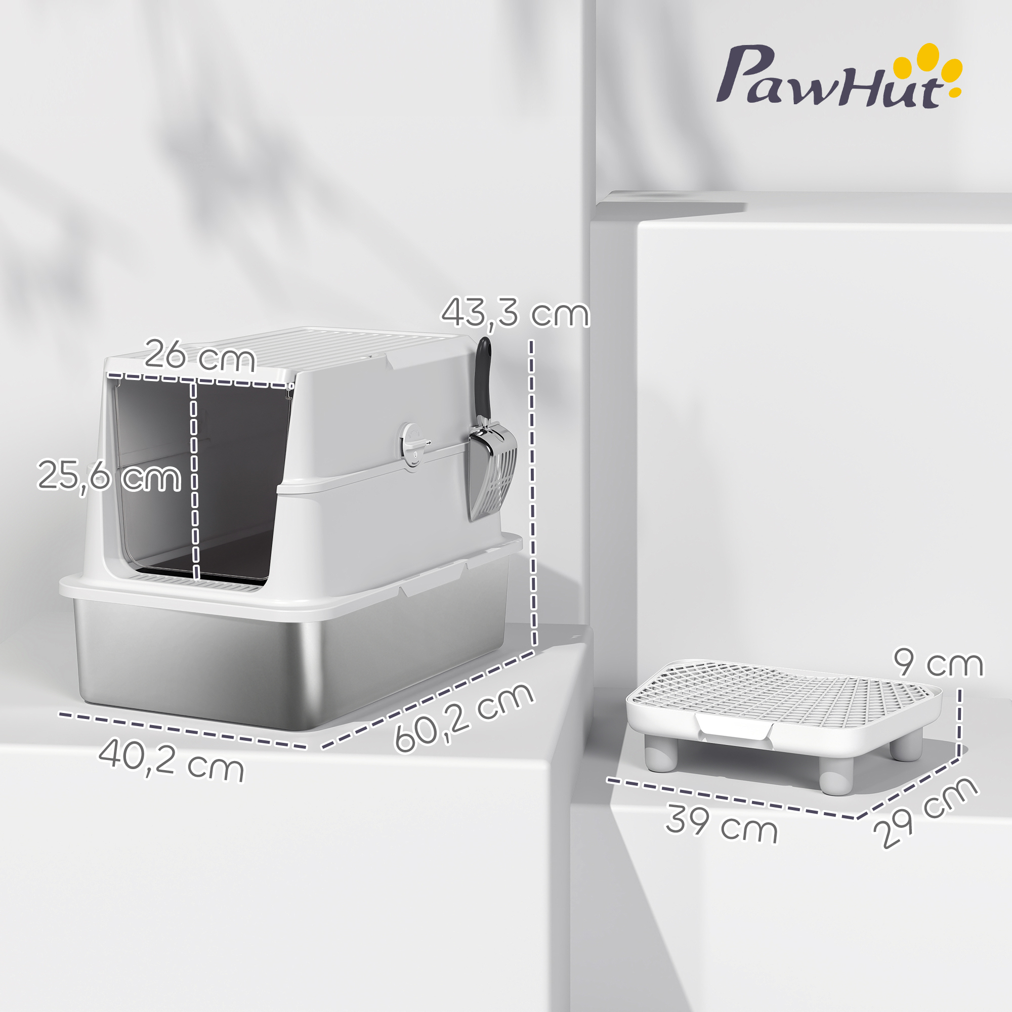 Caja de arena para gatos gris con base de acero inoxidable y escalón, con medidas.