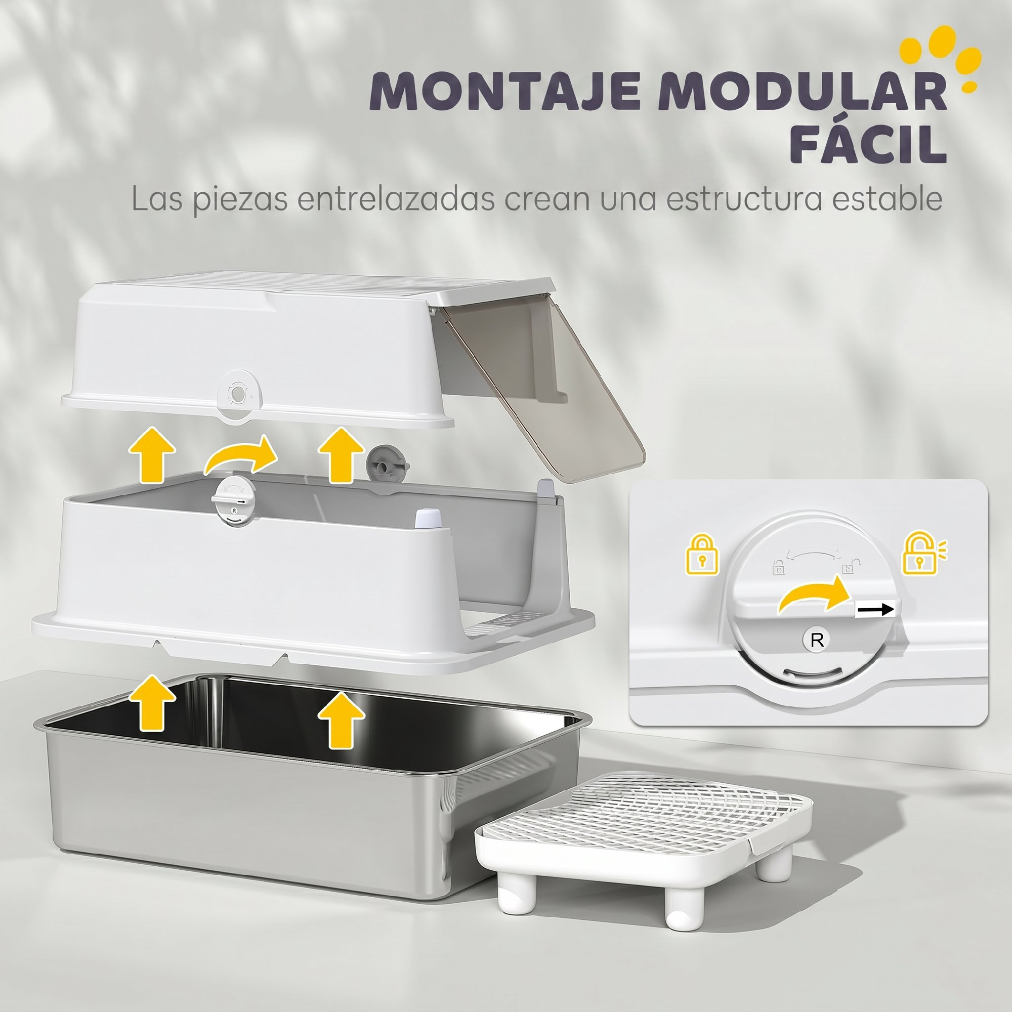 Vista explosionada de una bandeja sanitaria modular para mascotas con base de acero inoxidable y cierre.
