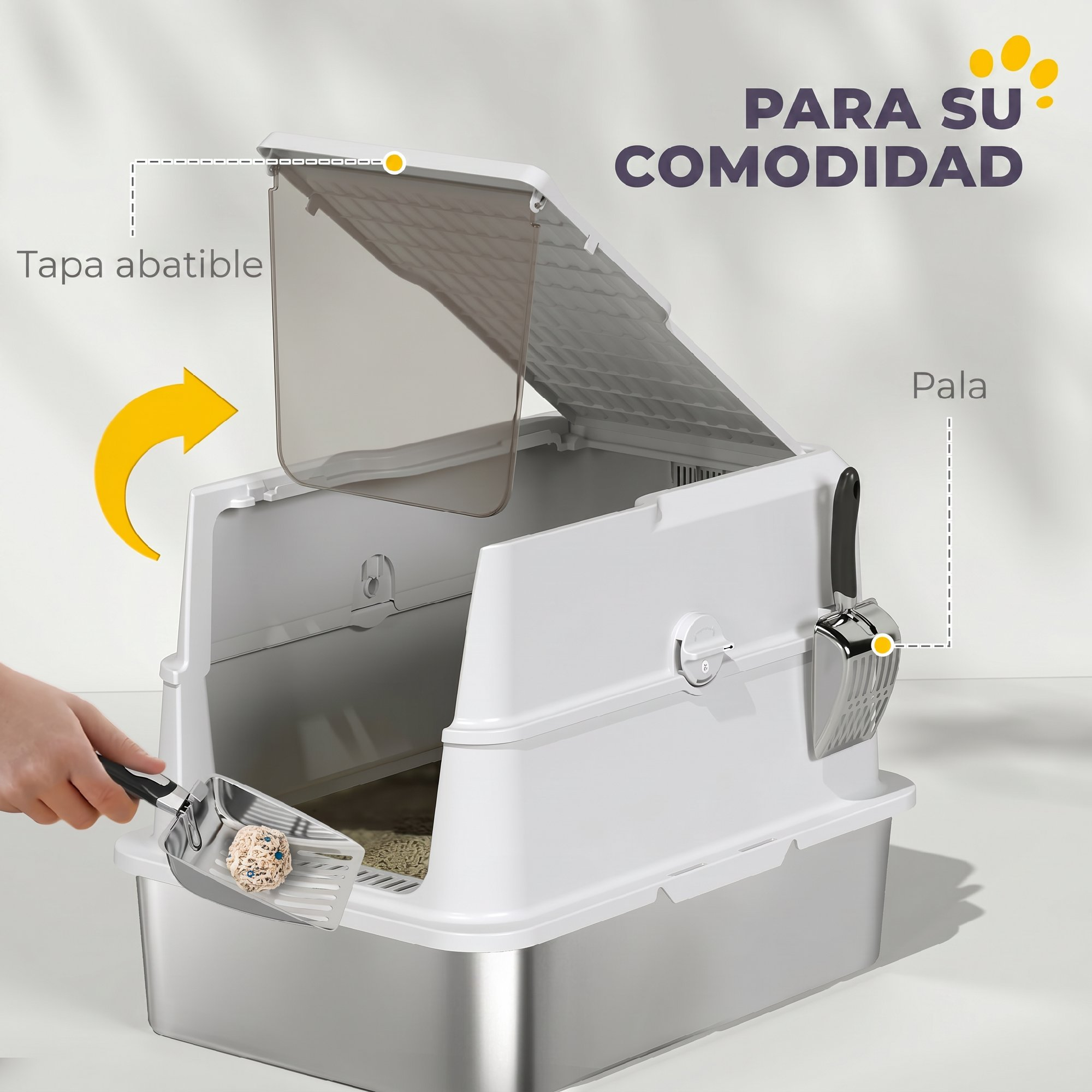Un arenero para gatos blanco con tapa abatible y pala integrada.