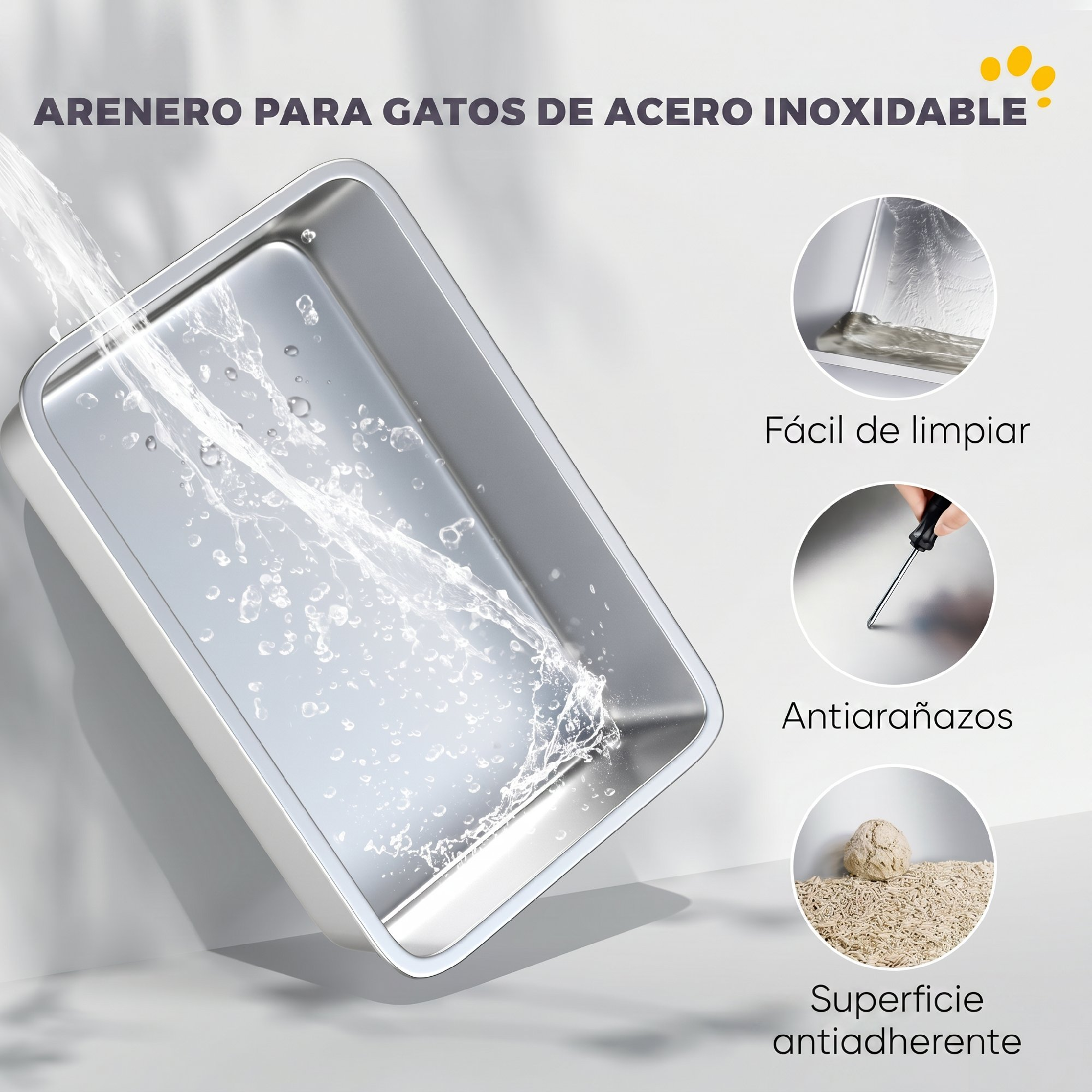 Arenero de acero inoxidable siendo lavado con agua, mostrando fácil limpieza, resistencia a arañazos y antiadherente.
