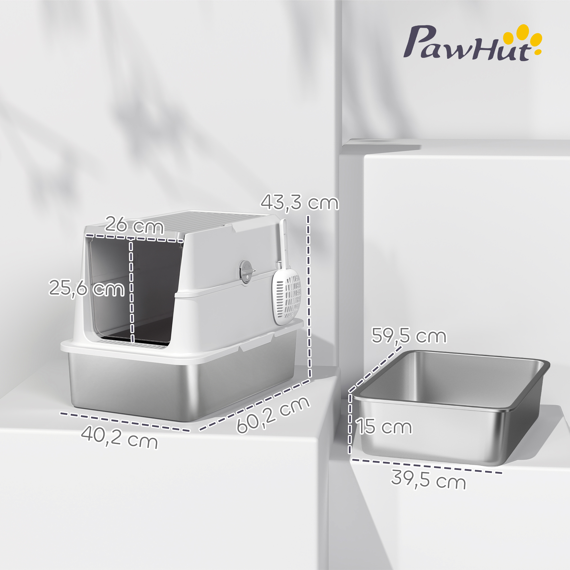 Arenero para gatos PawHut con cubeta de acero inoxidable, pala y medidas.