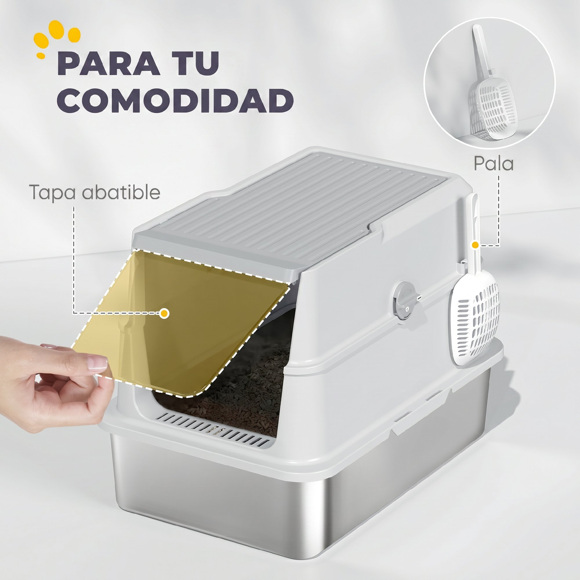 Caja de arena para gatos gris con puerta abatible y pala.