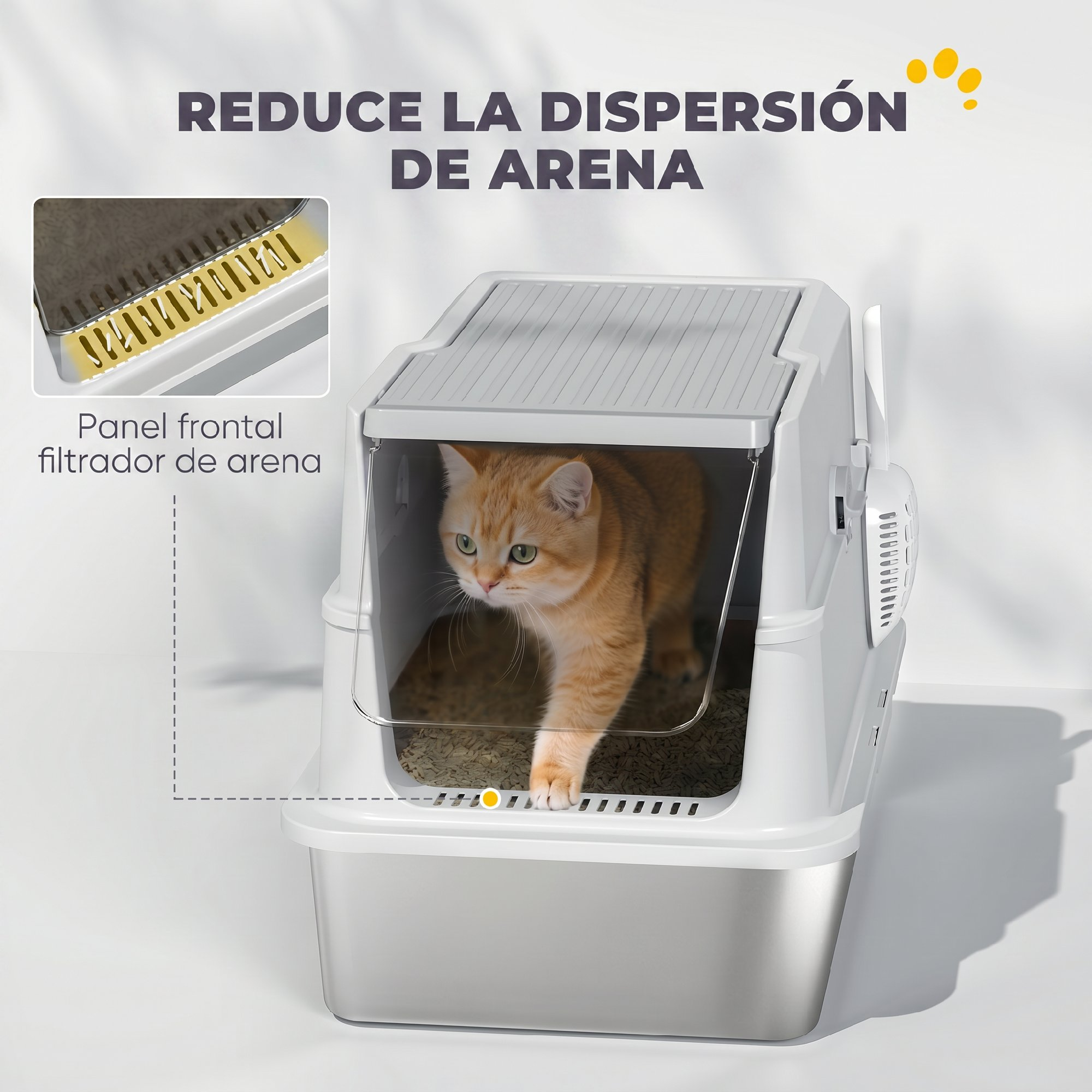 Un gato naranja sale de un arenero cerrado gris moderno con panel filtrante.