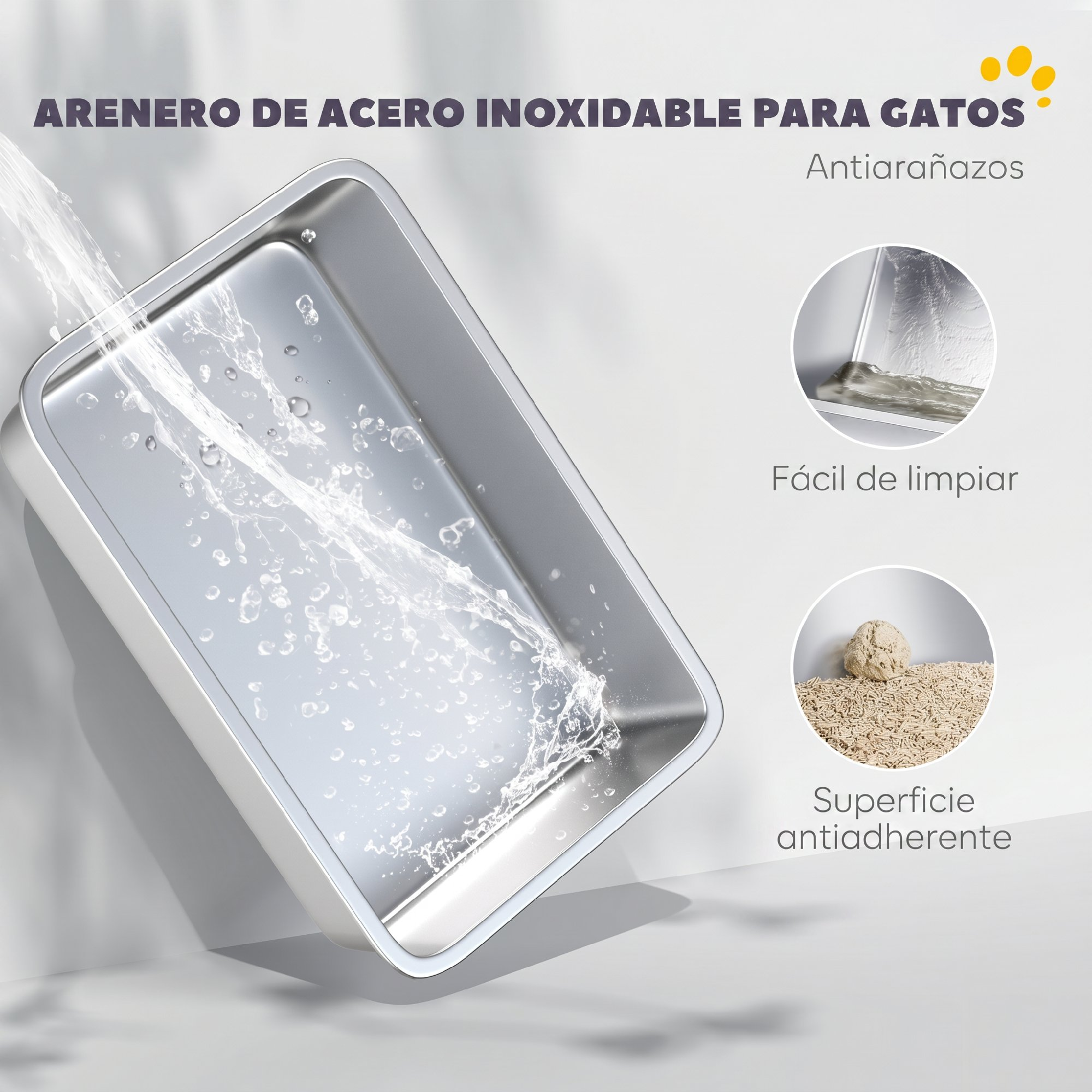 Arenero de acero inoxidable enjuagado con agua, fácil de limpiar y superficie antiadherente.