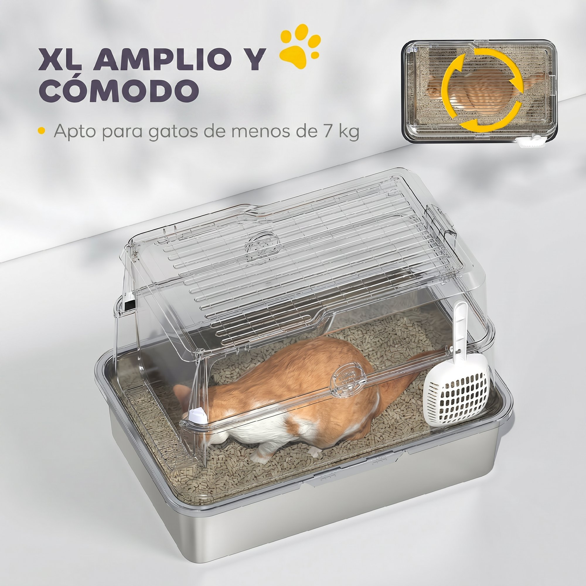 Caja de arena transparente para gatos con base metálica, arena, pala y texto en español.