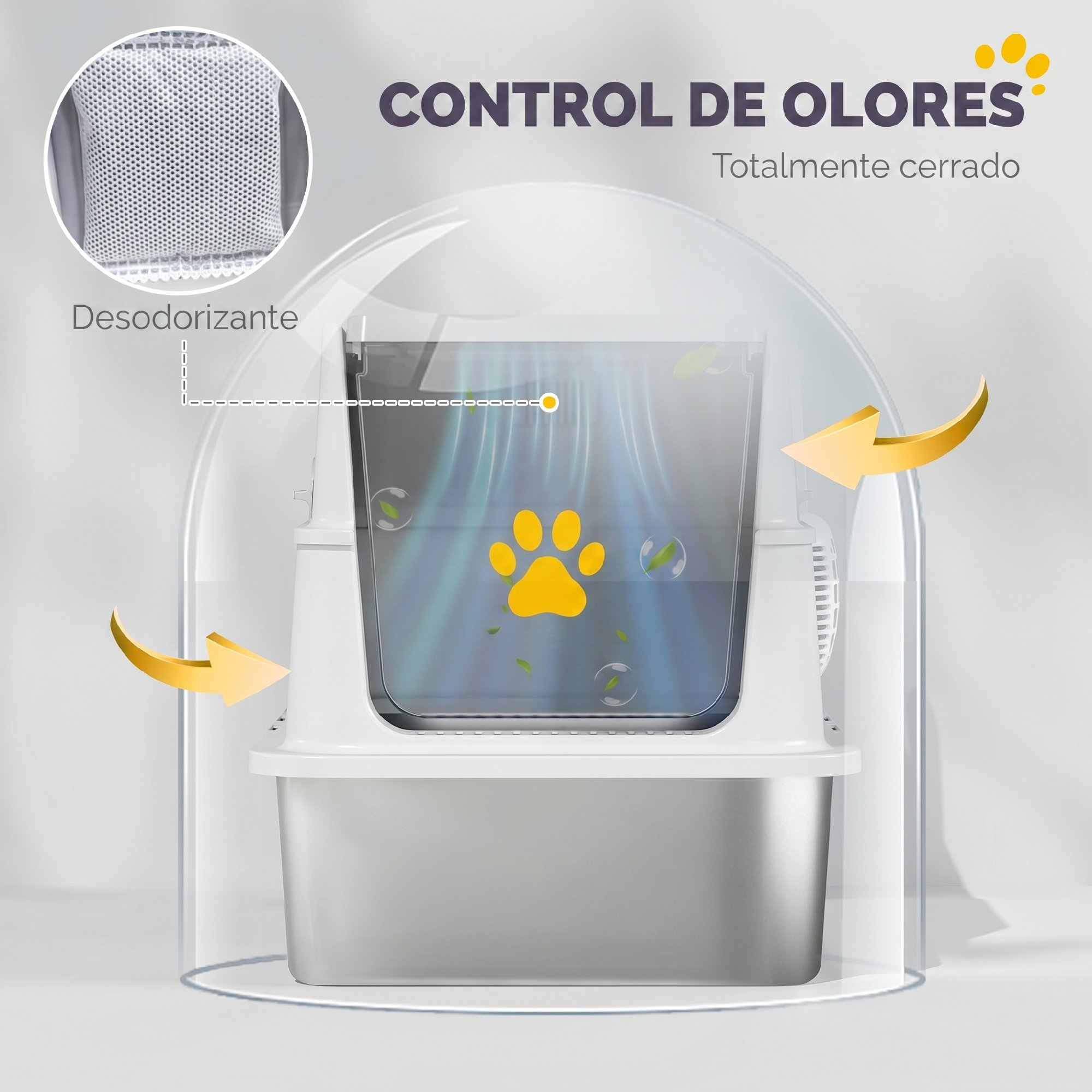 Arenero cerrado con bolsa desodorante y logotipo de huella amarilla.