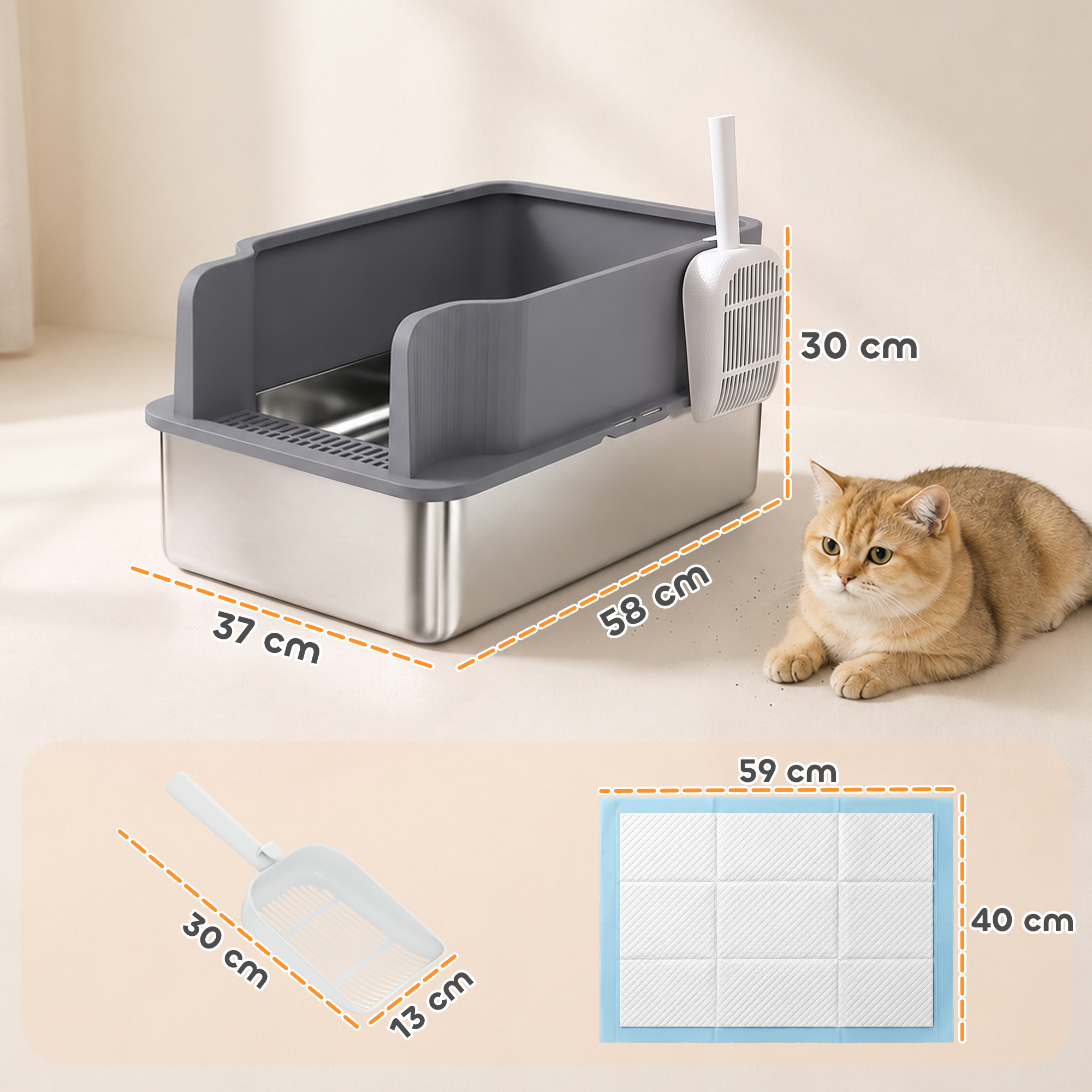 Arenero de acero inoxidable con borde gris, pala, dimensiones y un gato sentado al lado.