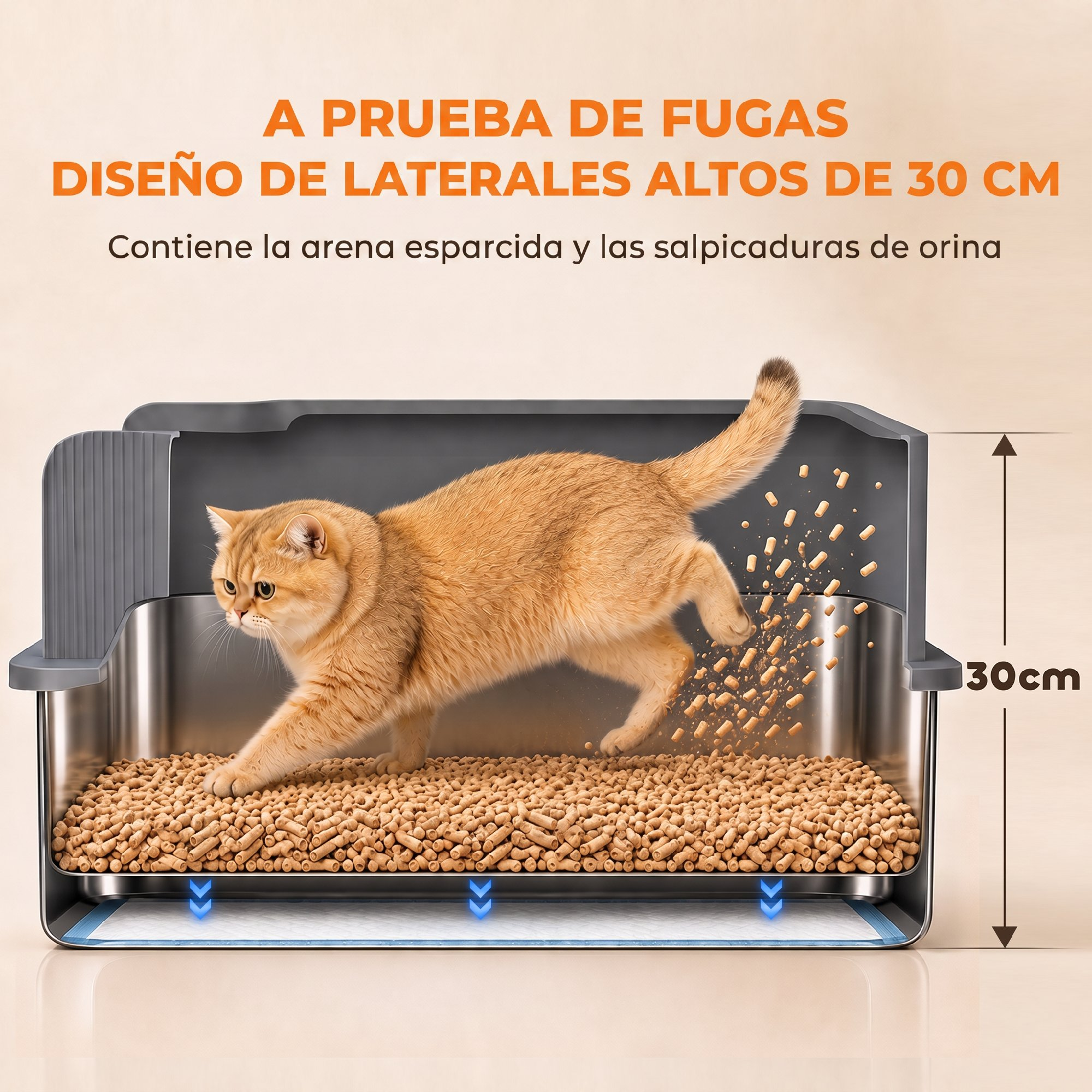 Un gato anaranjado salta dentro de un arenero gris con arena y bordes altos.